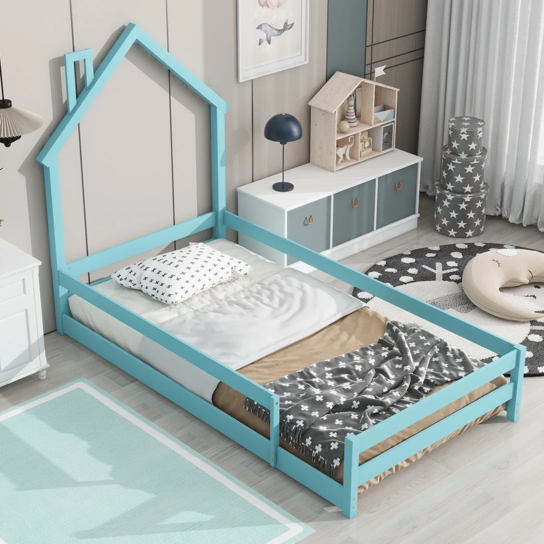 House Bed for Children, Twin Size House Bed with Fence and Headboard, Wood Montessori Floor Bed for Girls, Boys & Teens, Light Blue
