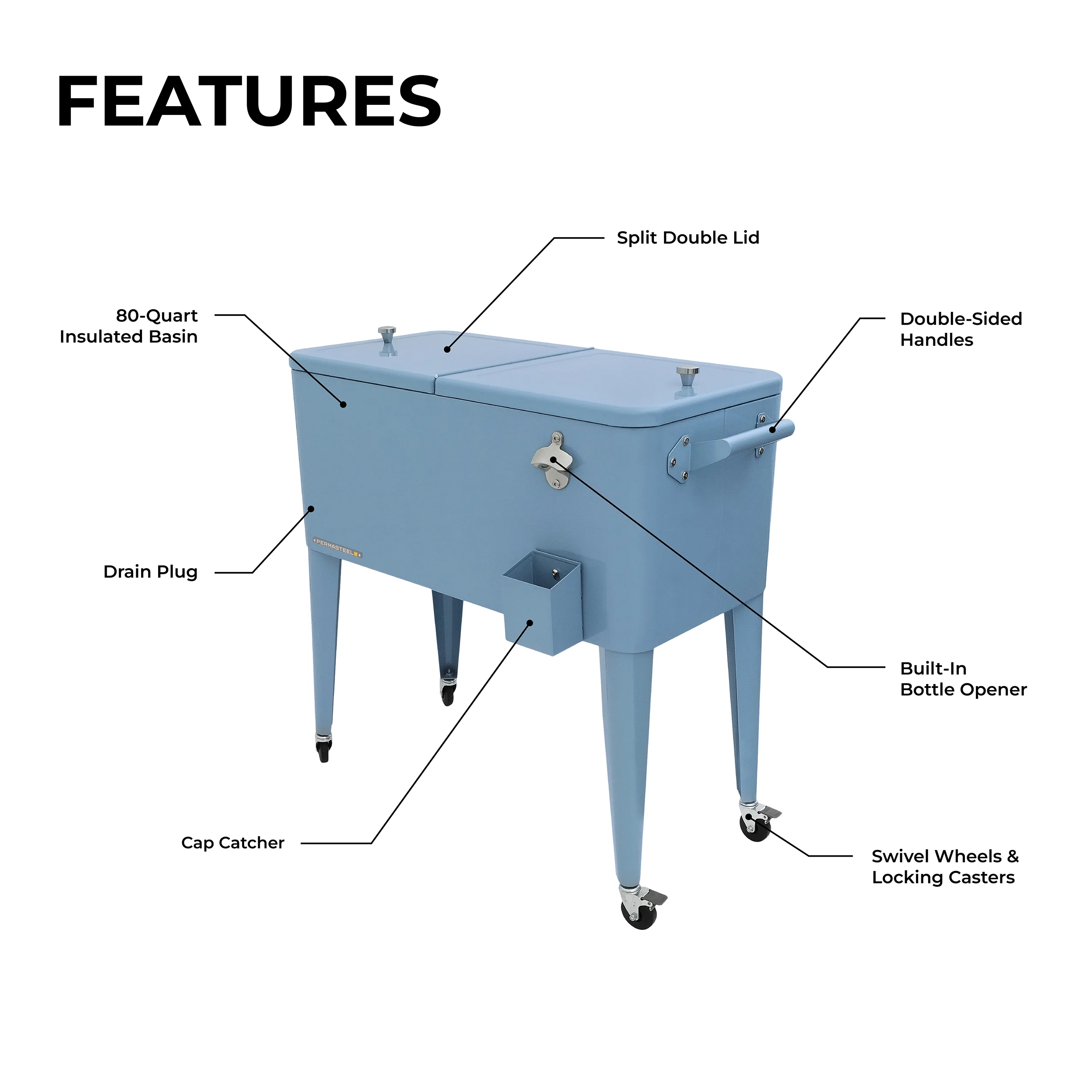 Permasteel 80-Qt Classic Outdoor Steel Patio Cooler on Wheels, Beverage Rolling Cart, Blue