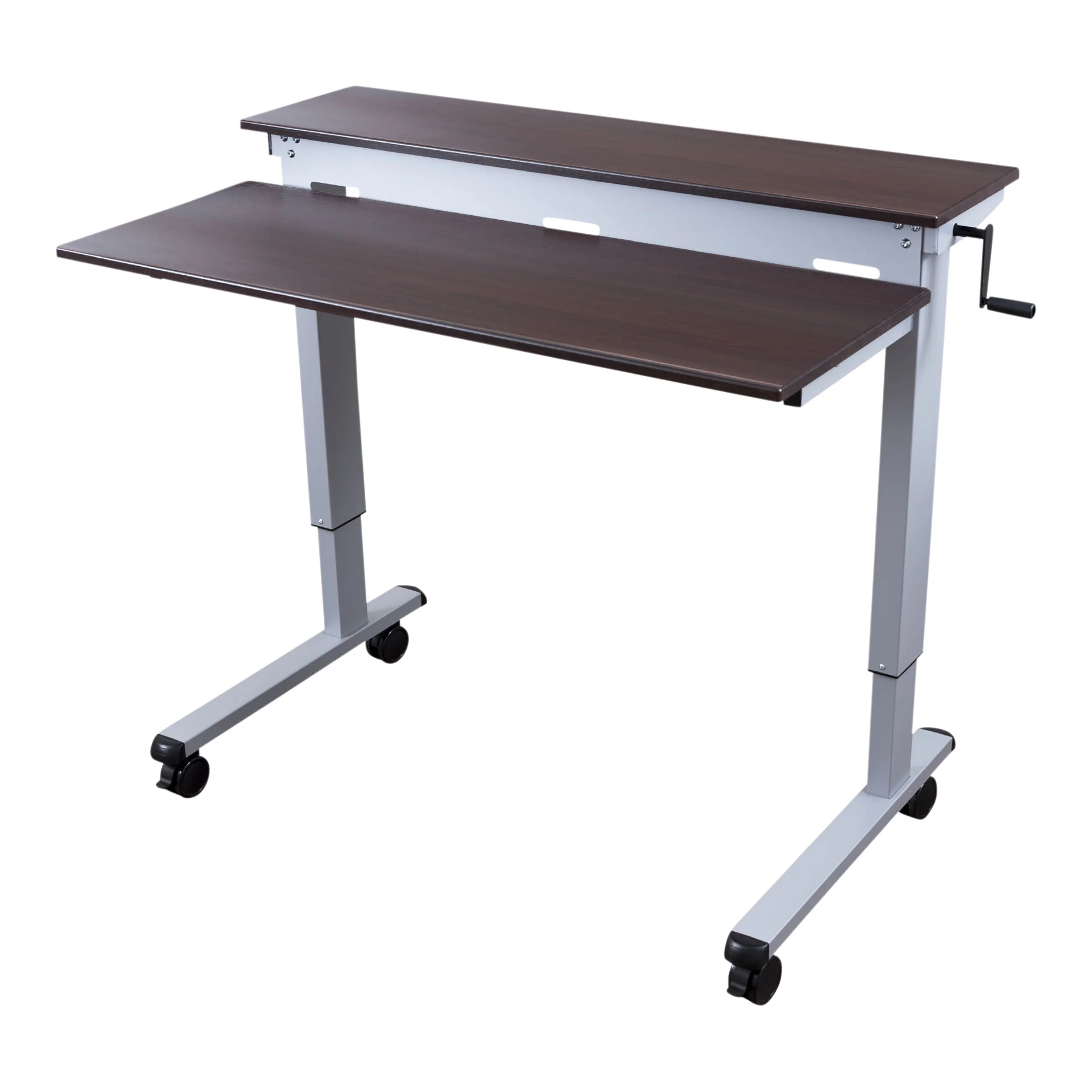 Stand Up Desk Store Crank Adjustable Tier Standing Desk with Heavy Duty Steel Frame (Silver Frame/Dark Walnut Top, 48