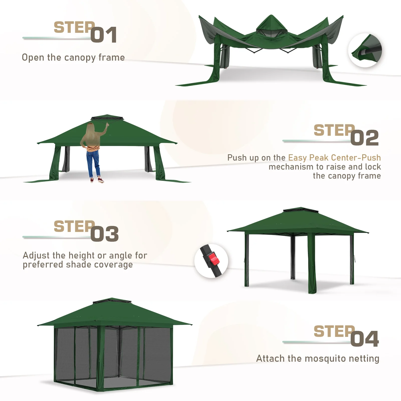 EAGLE PEAK 13 x 13 ft Pop-Up Gazebo Tent Instant w/ Mosquito Netting,Outdoor Gazebo Canopy Easy Set-up Folding Shelter (Green)