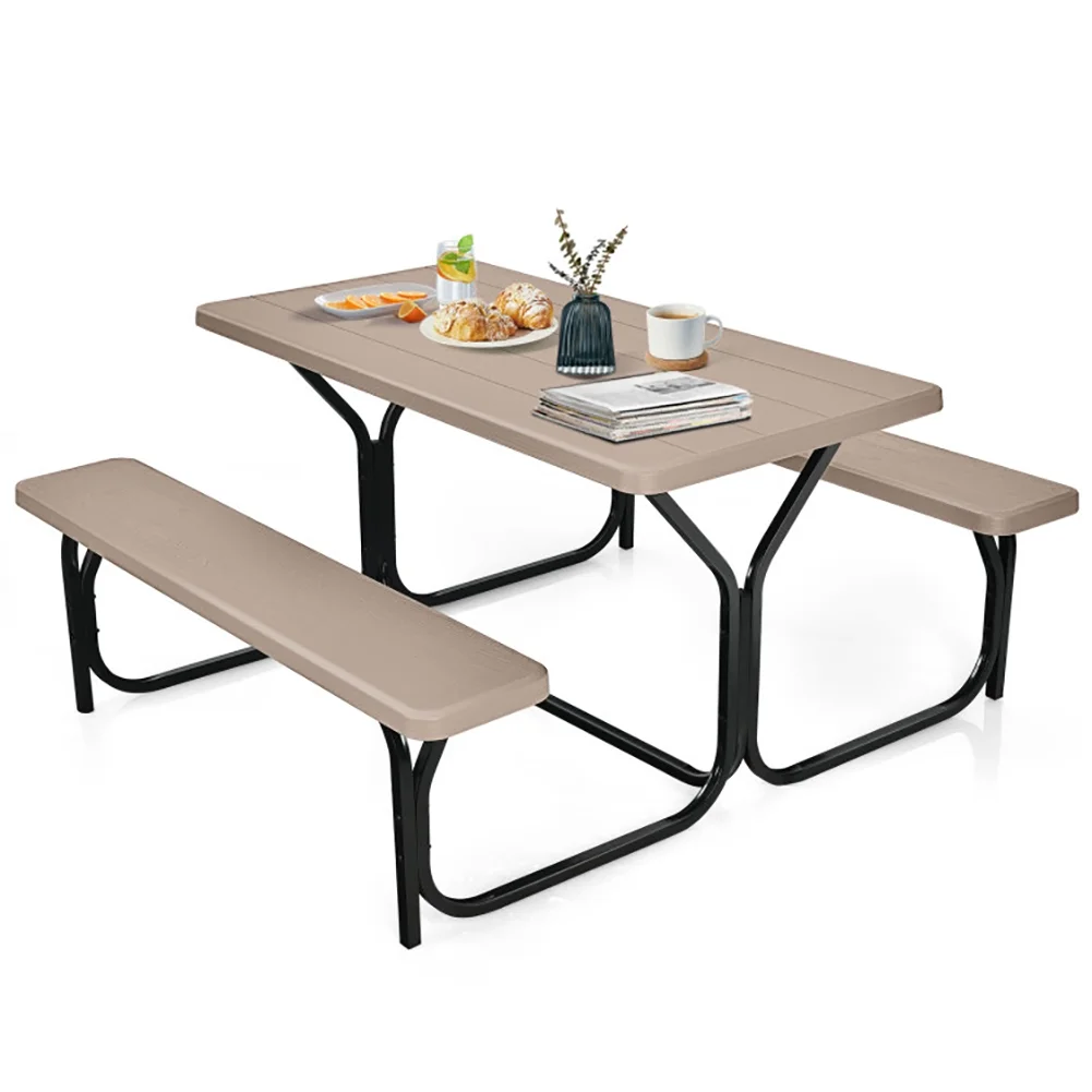 Spaco HDPE Outdoor Picnic Table Bench Set with Metal Base-Coffee, Furniture Conversation Sets, Coffee Table for Garden, Poolside, Backyard