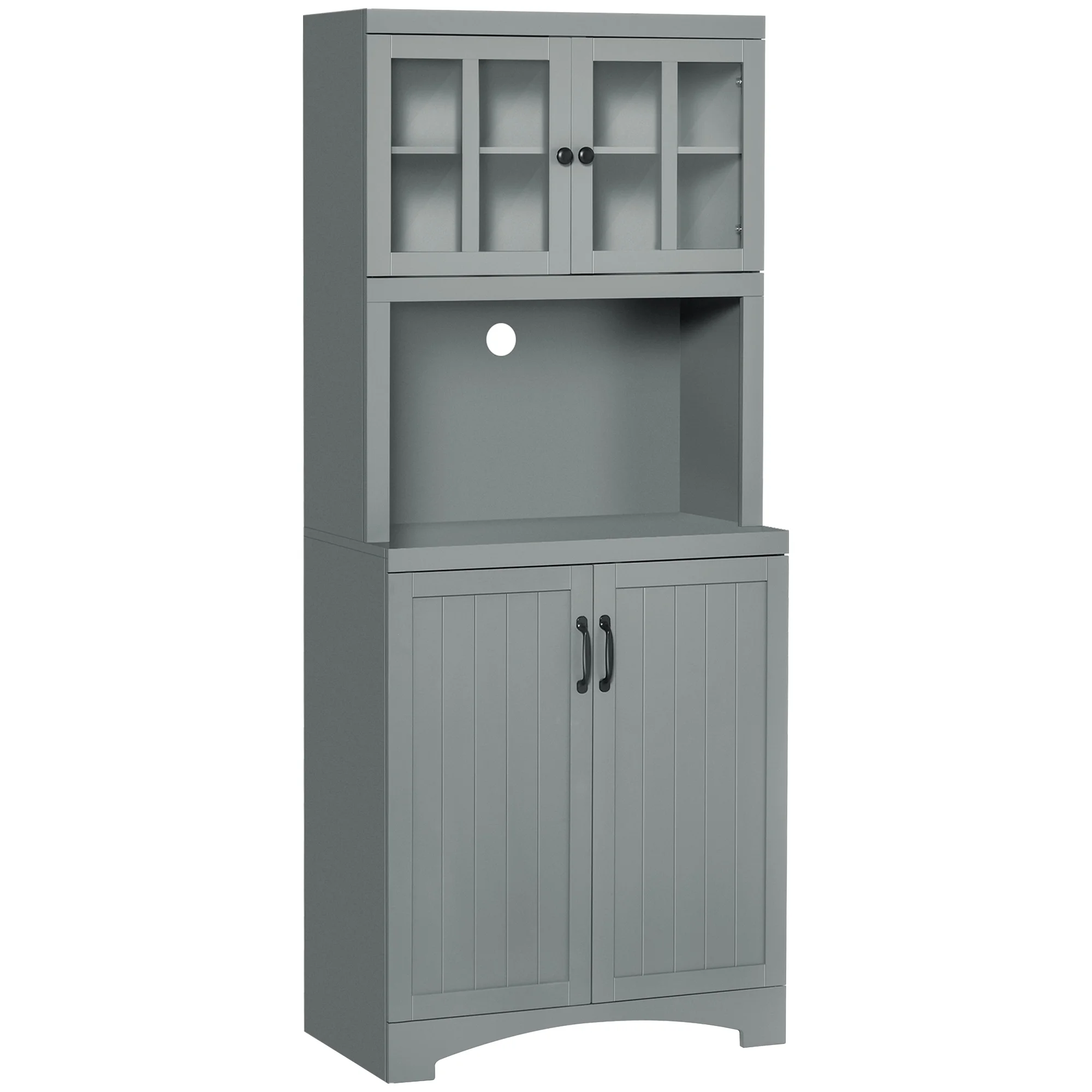 HOMCOM Kitchen Hutch, Pantry Cabinet with Glass Framed Door, Adjustable Shelves and Microwave Space for Dining Room, Gray