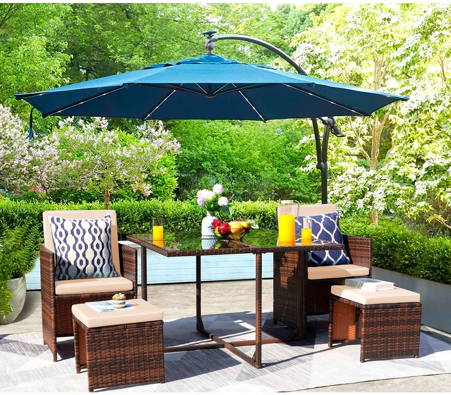 Vineego 5 Pieces Patio Sets Outdoor Wicker Conversation Sets Rattan Chairs with Ottomans and Tempered Glass Table(Beige)