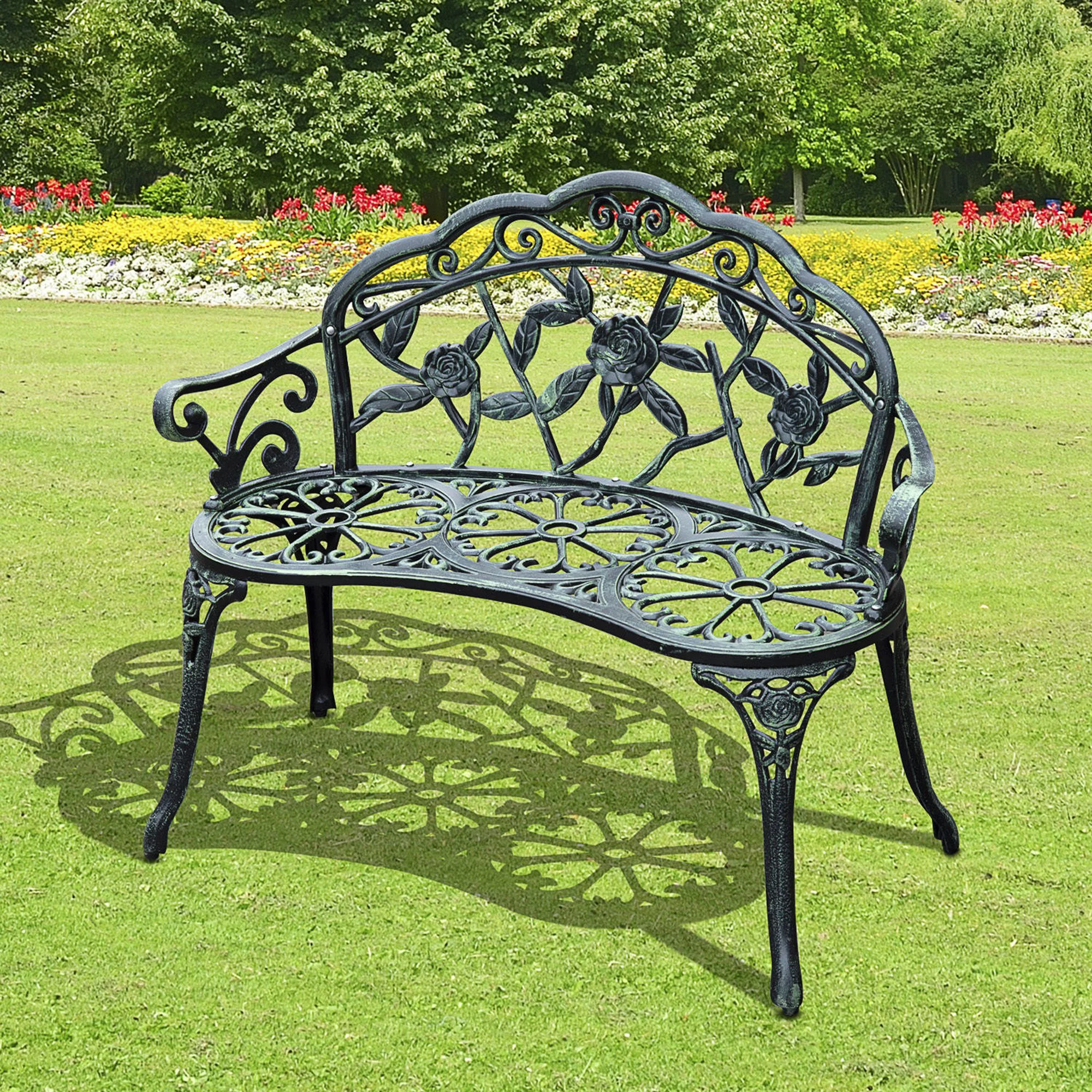Outsunny Outdoor Bench, Cast Aluminum Rose Outdoor Furniture, Metal Bench with Floral Rose Accent & Antique Finish, Green
