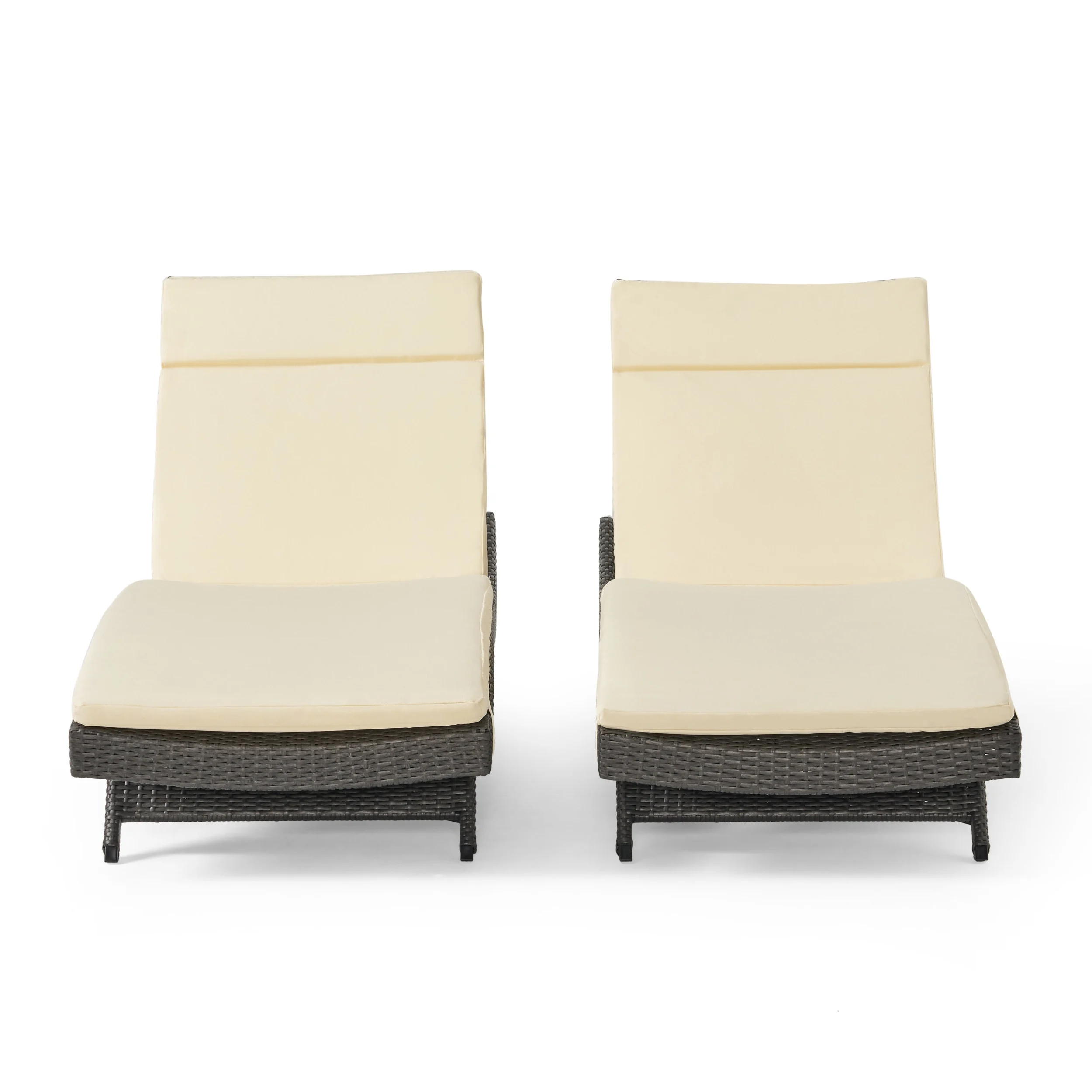 Anthony Outdoor Wicker Adjustable Chaise Lounge with Cushion, Set of 2, Grey, Beige