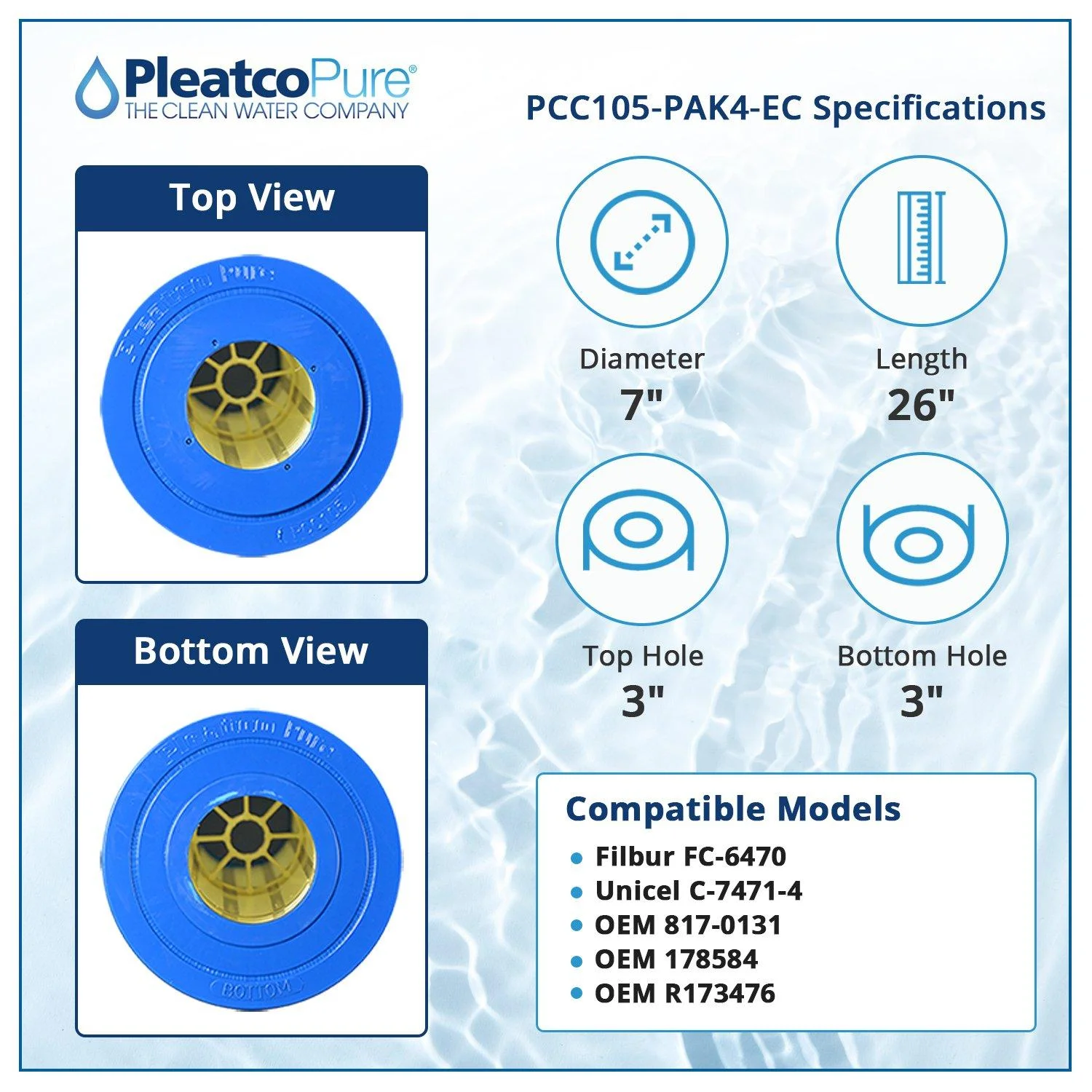 Pleatco PCC105-PAK4-EC Pool Filter Cartridge Replacement for Unicel: C-7471-4, Filbur: FC-6470, OEM Part Numbers: 817-0131, 178584, R173476, White