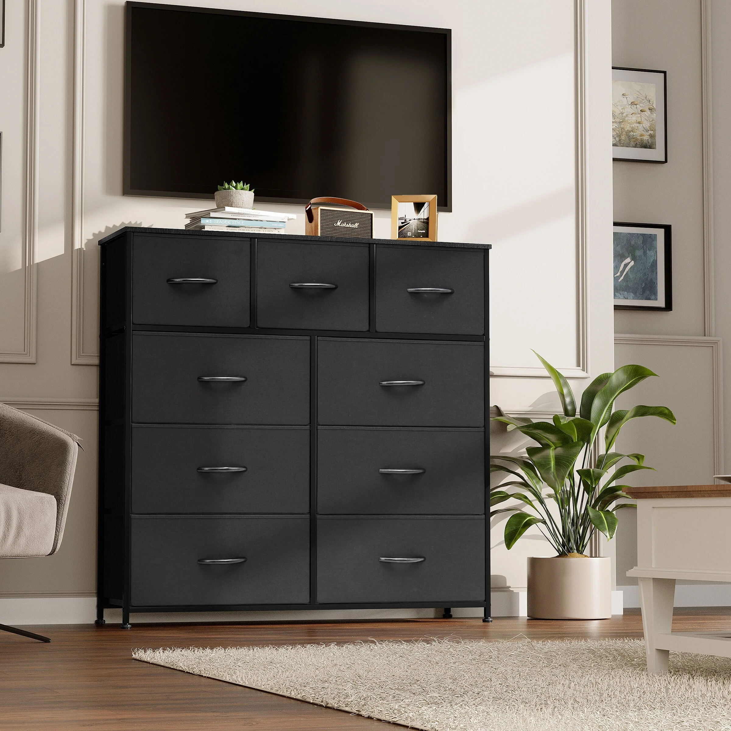 Crestlive Products Home Extra Wide Closet Dresser Storage Tower Organizer Unit 9 Drawers Black Dark Wood