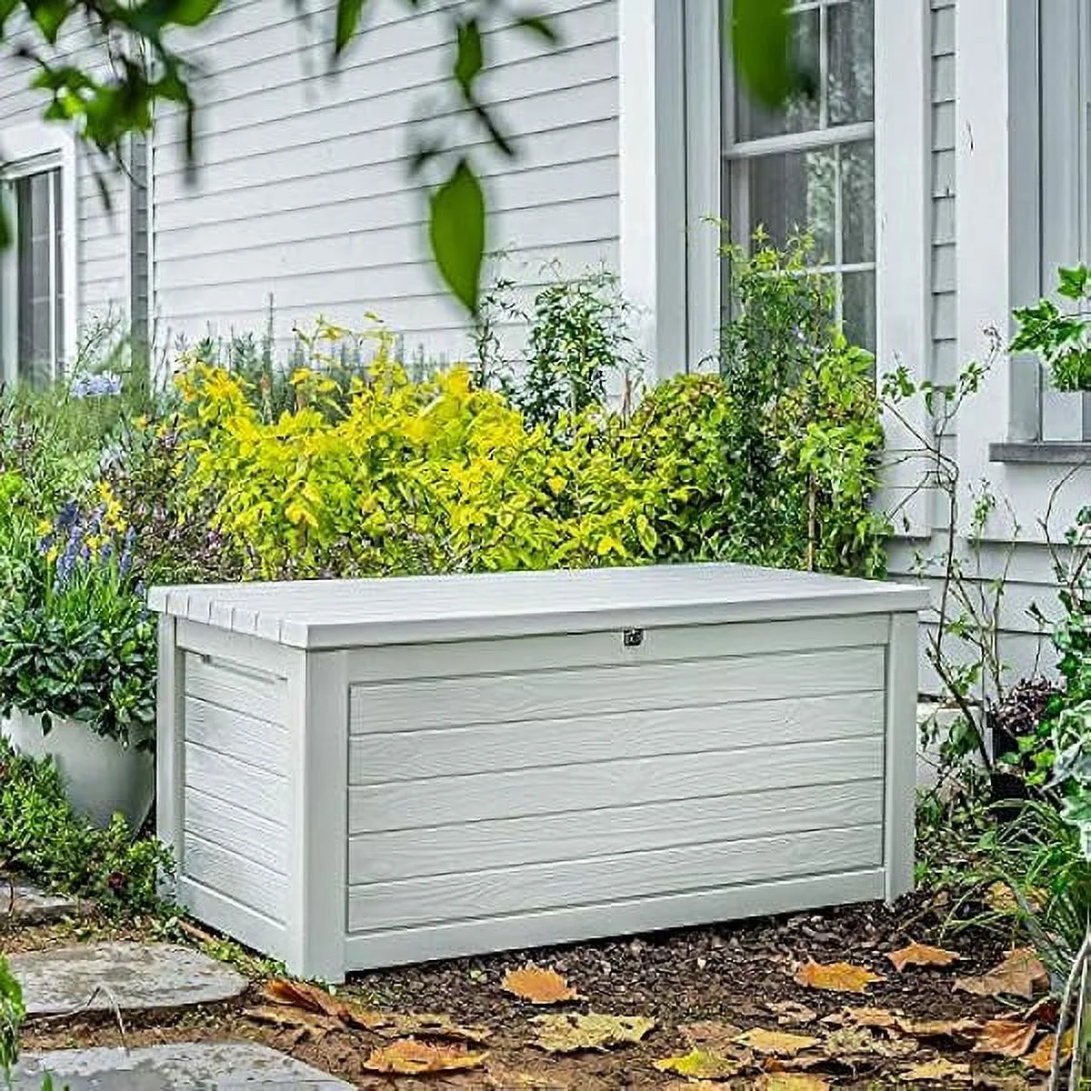 Lyricalux 165 Gallon Weather Resistant Resin Deck Storage Container Box Outdoor Patio Garden Furniture, White