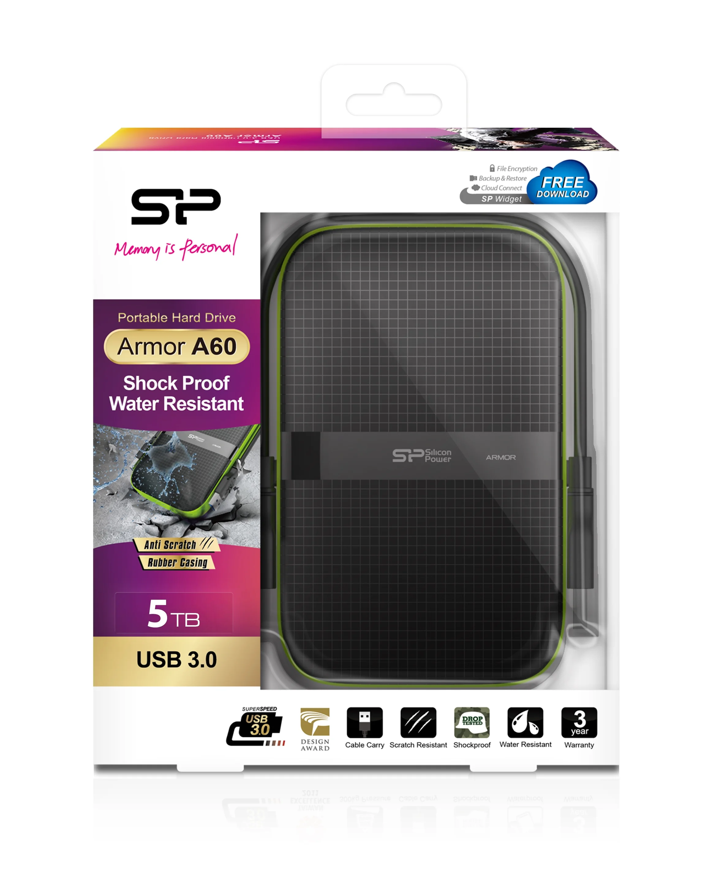 Silicon Power Armor A60 5 TB Portable Solid State Drive, External, Black/Black, Black/Green