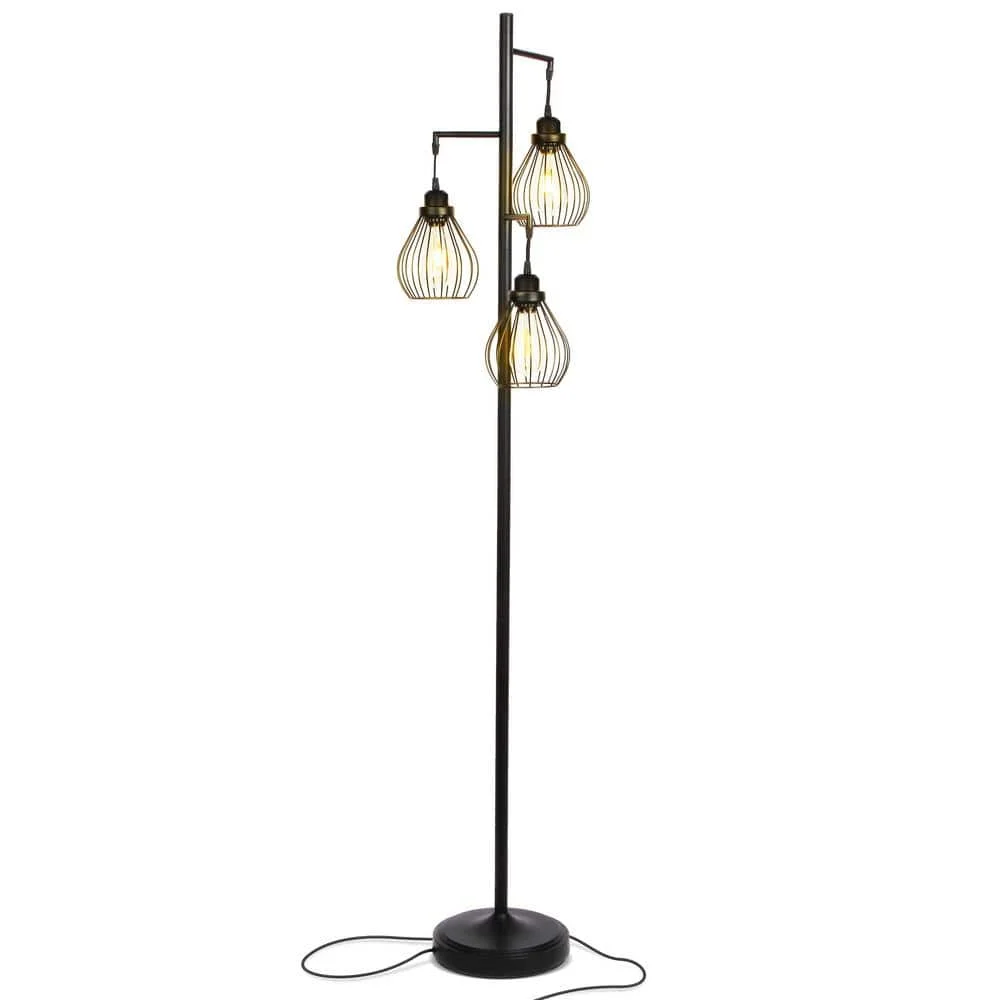 Teardrop 68 in. Classic Black Industrial 3-Light LED Energy Efficient Floor Lamp with 3 Black Metal Teardrop Shades