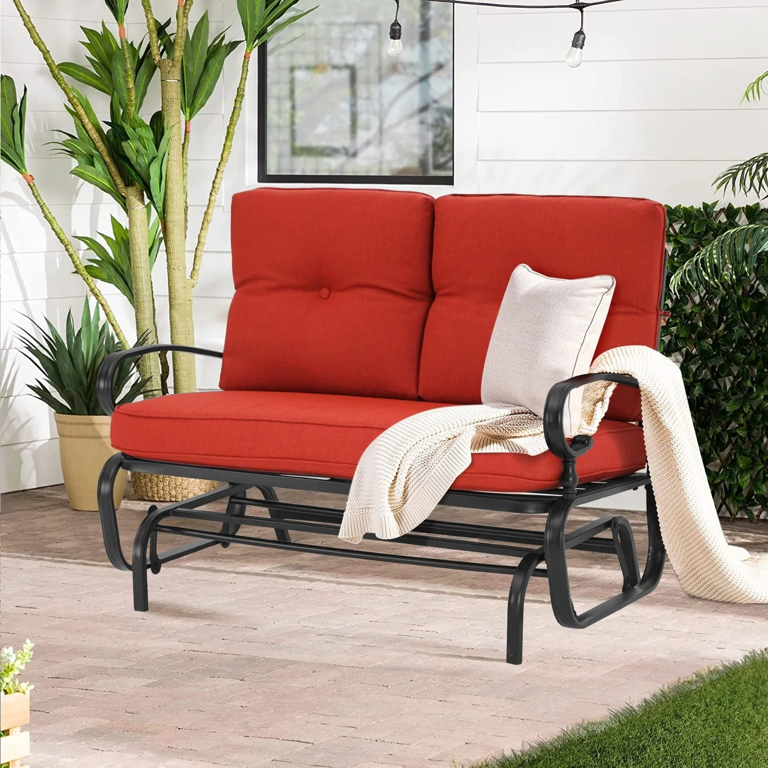 Havenside Home Nista Outdoor Glider Cushioned Rocking Chair Swing Loveseat Bench by Red