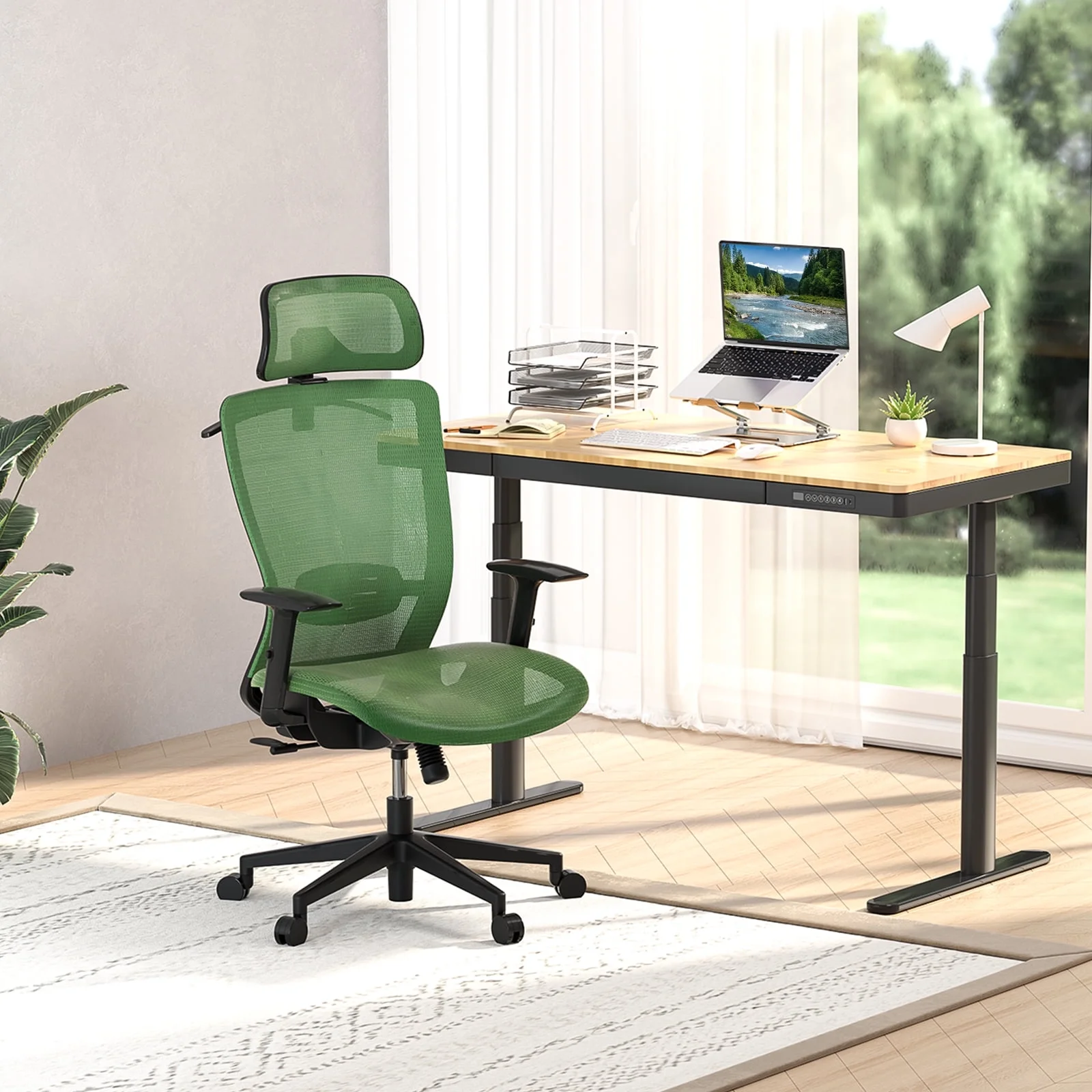 FlexiSpot Ergonomic Mesh Office Chair with Lumbar Support, Mesh Seat Breathable, Computer Desk, 3D Headrest, 2D Armrest, Green
