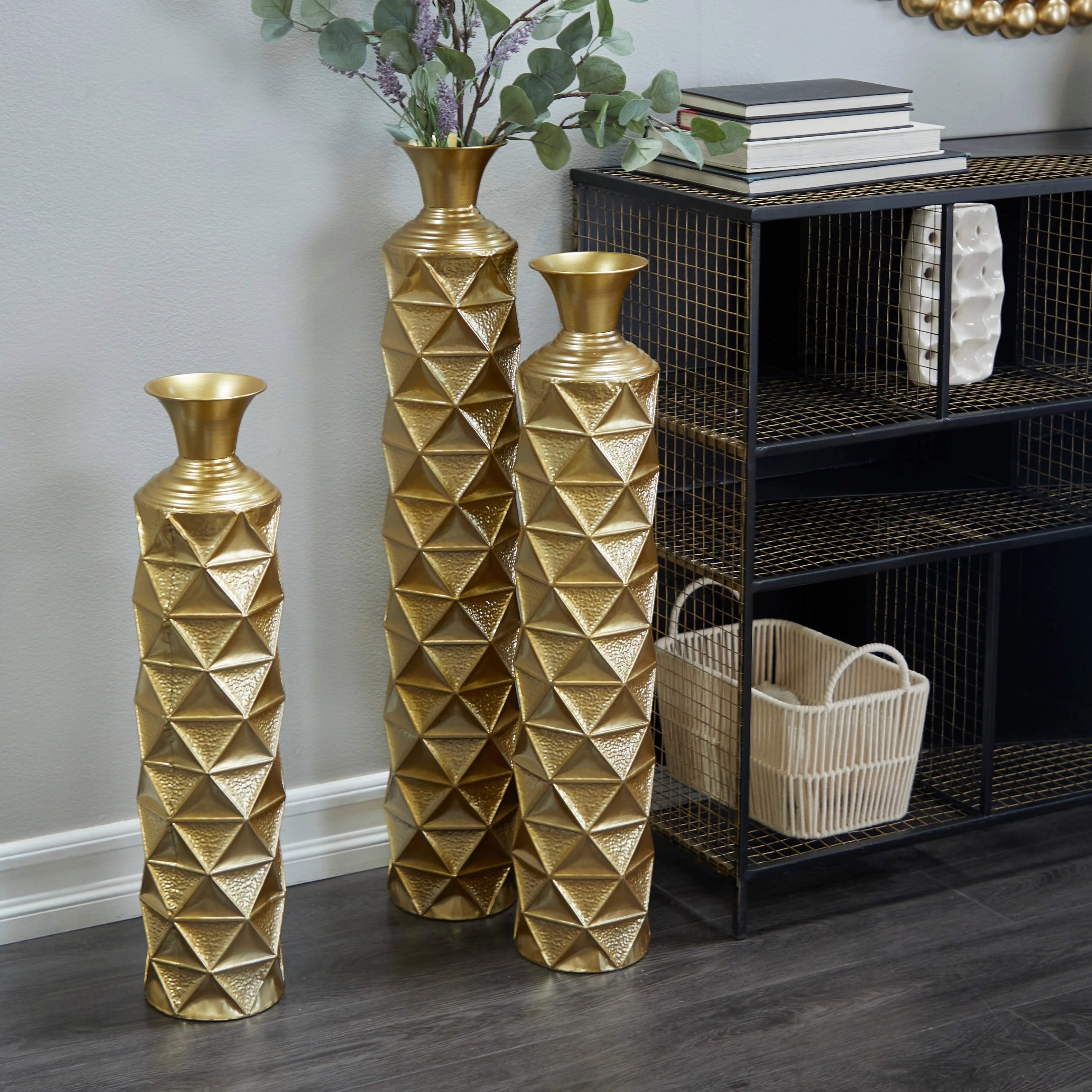 Studio 350 Gold Metal Tall Distressed Metallic Vase with Various Pattern (Set of 3) Triangle Hammered Brass S/3 34