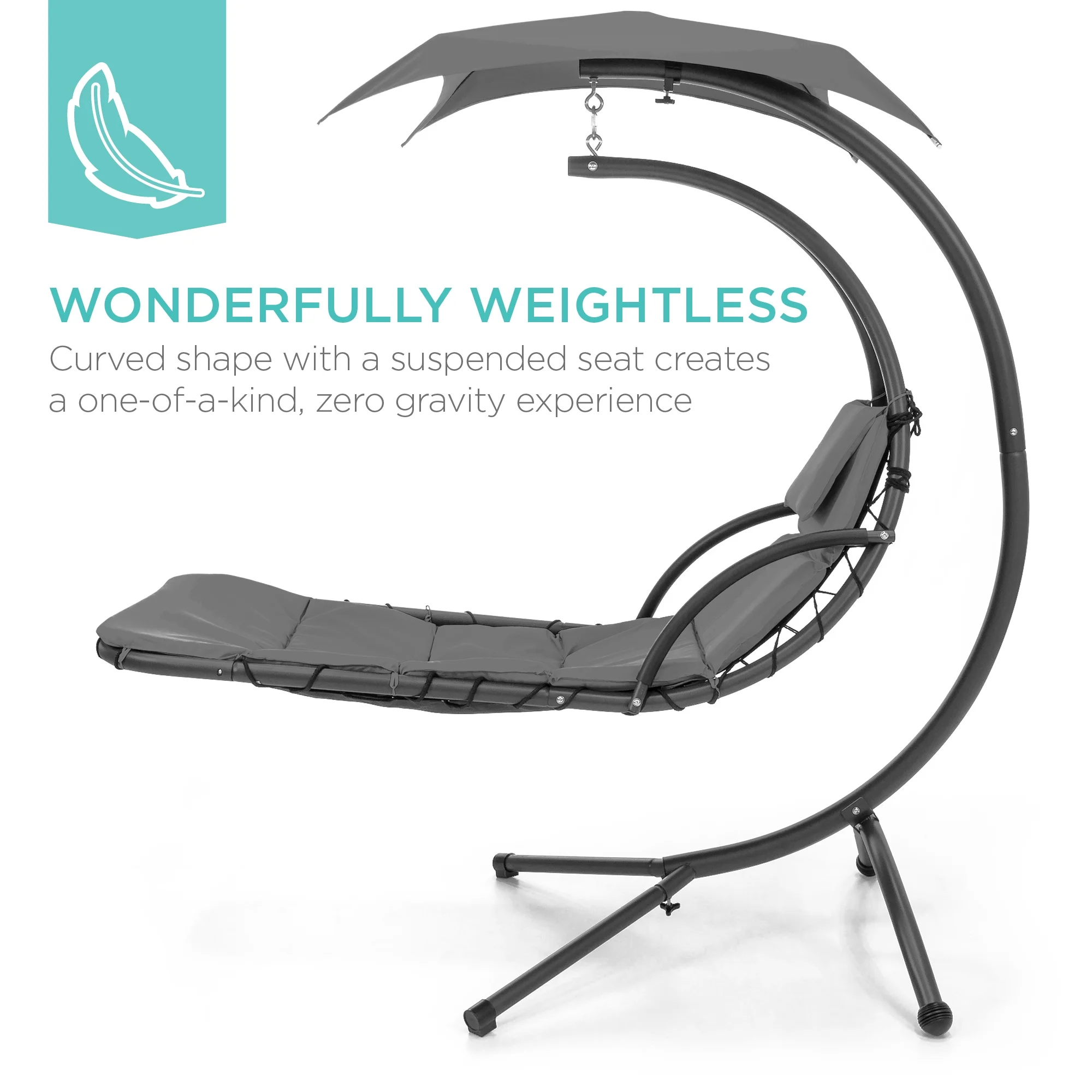 Best Choice Products Hanging Curved Chaise Lounge Chair Swing for Backyard w/ Pillow, Shade, Stand - Charcoal Gray