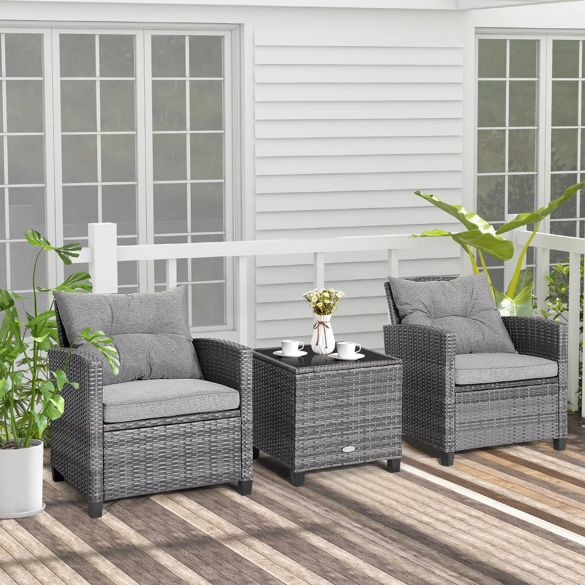 Costway 3PCS Patio Rattan Furniture Bistro Set Cushioned Sofas Side Table Armrest Grey