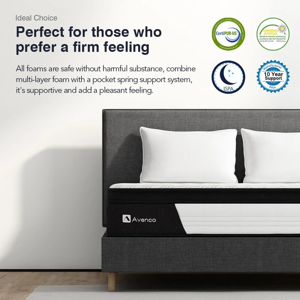 Avenco Queen Size Mattress Firm, 10-Inch Hybrid Mattress in a Box, 5 Zone Pocket Coils and Memory Foam, Edge Support