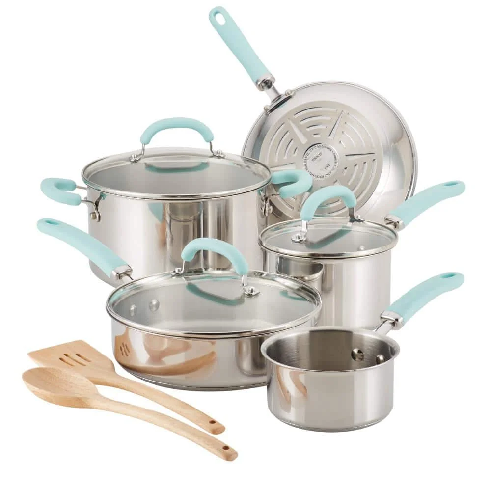 Create Delicious 10-Piece Stainless Steel Cookware Set in Stainless Steel with Light Blue Handles