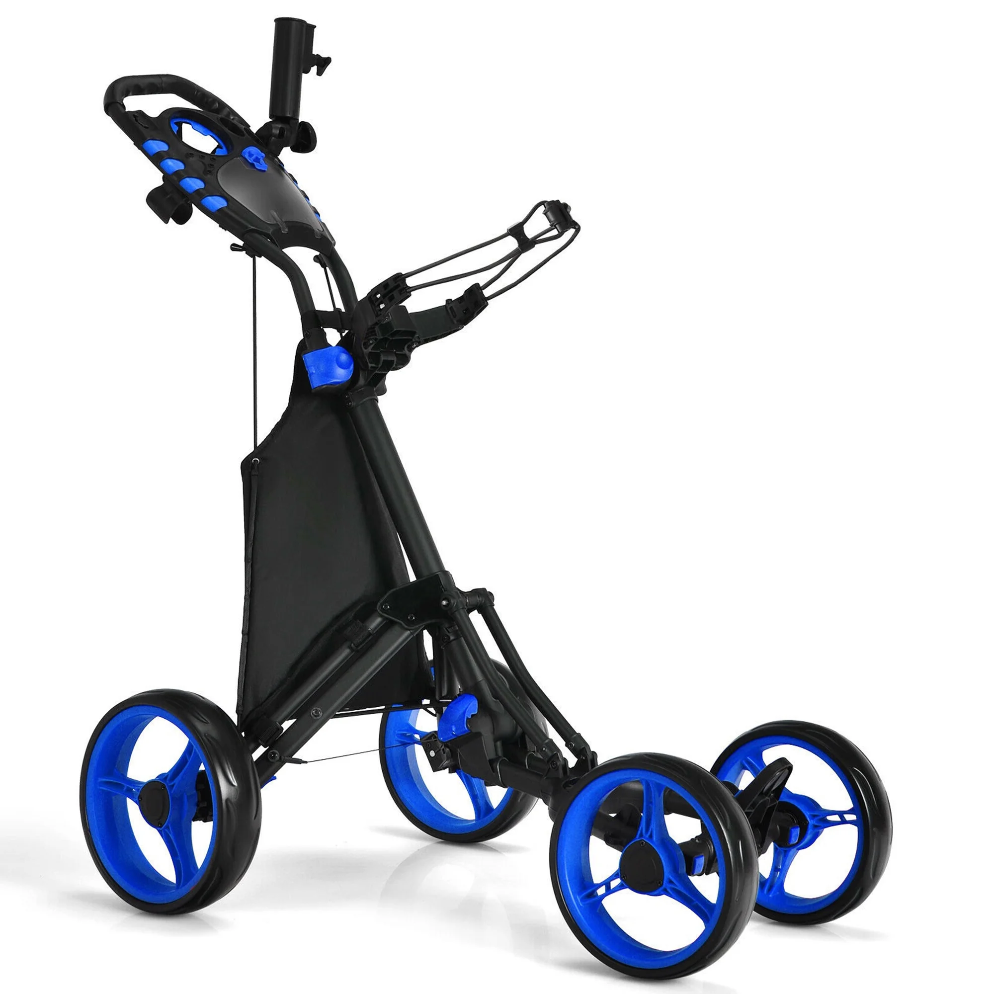 Gymax Foldable 4-Wheel Golf Push and Pull Cart Trolley with Brake and Waterproof Bag, Blue