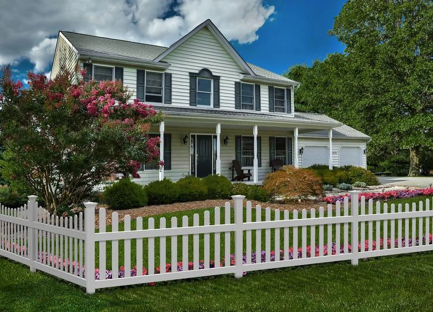 All American Vinyl Picket Fence with No-Dig Steel Pipe Anchor Kit (70