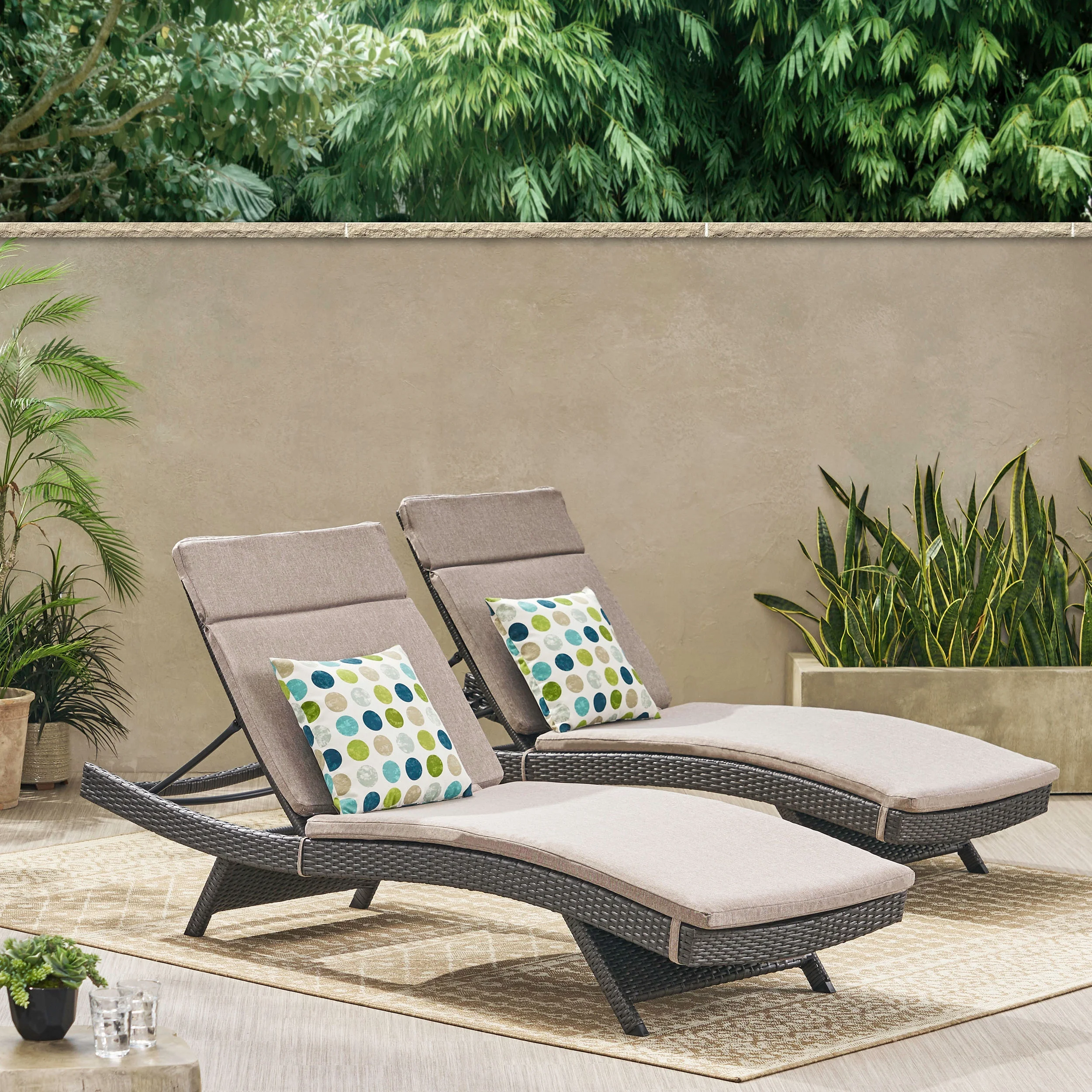 GDF Studio Olivia Outdoor Wicker Armless Adjustable Chaise Lounges with Cushion, Set of 2, Gray and Charcoal