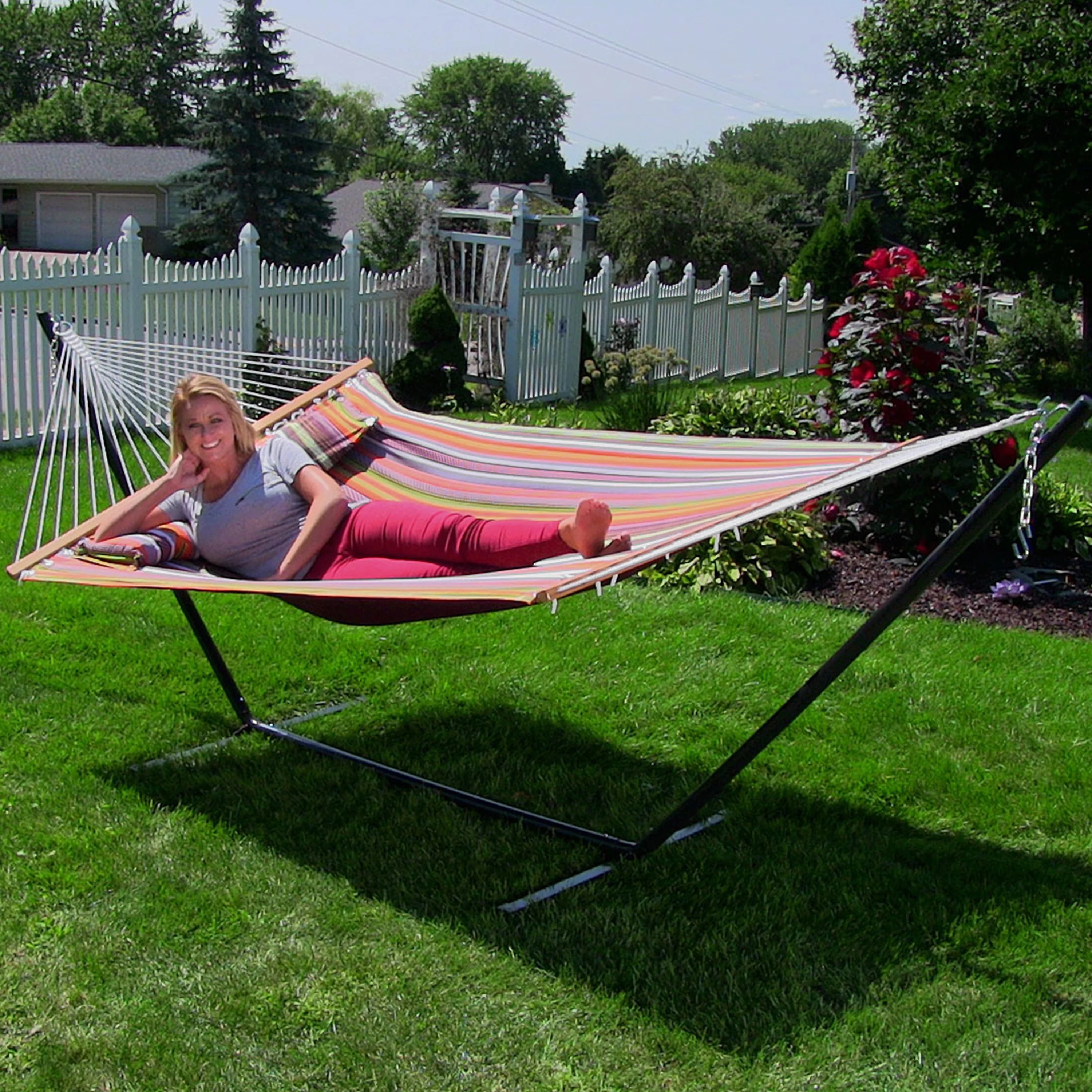 Sunnydaze 2-Person Freestanding Quilted Fabric Hammock with 12' Stand - Canyon Sunset