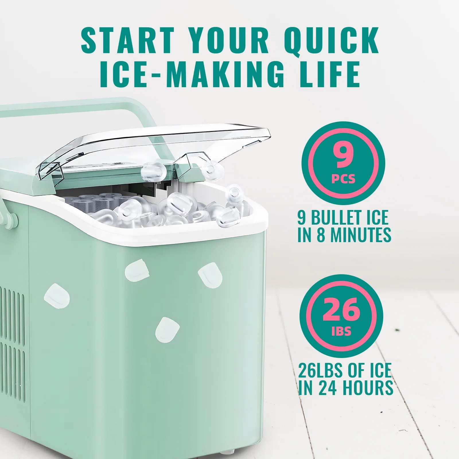 WANAI Ice Maker Countertop 26.5lbs/24H 9 Ice Cubes Ready in 6-8 Minutes Small & Large Ice Cubes