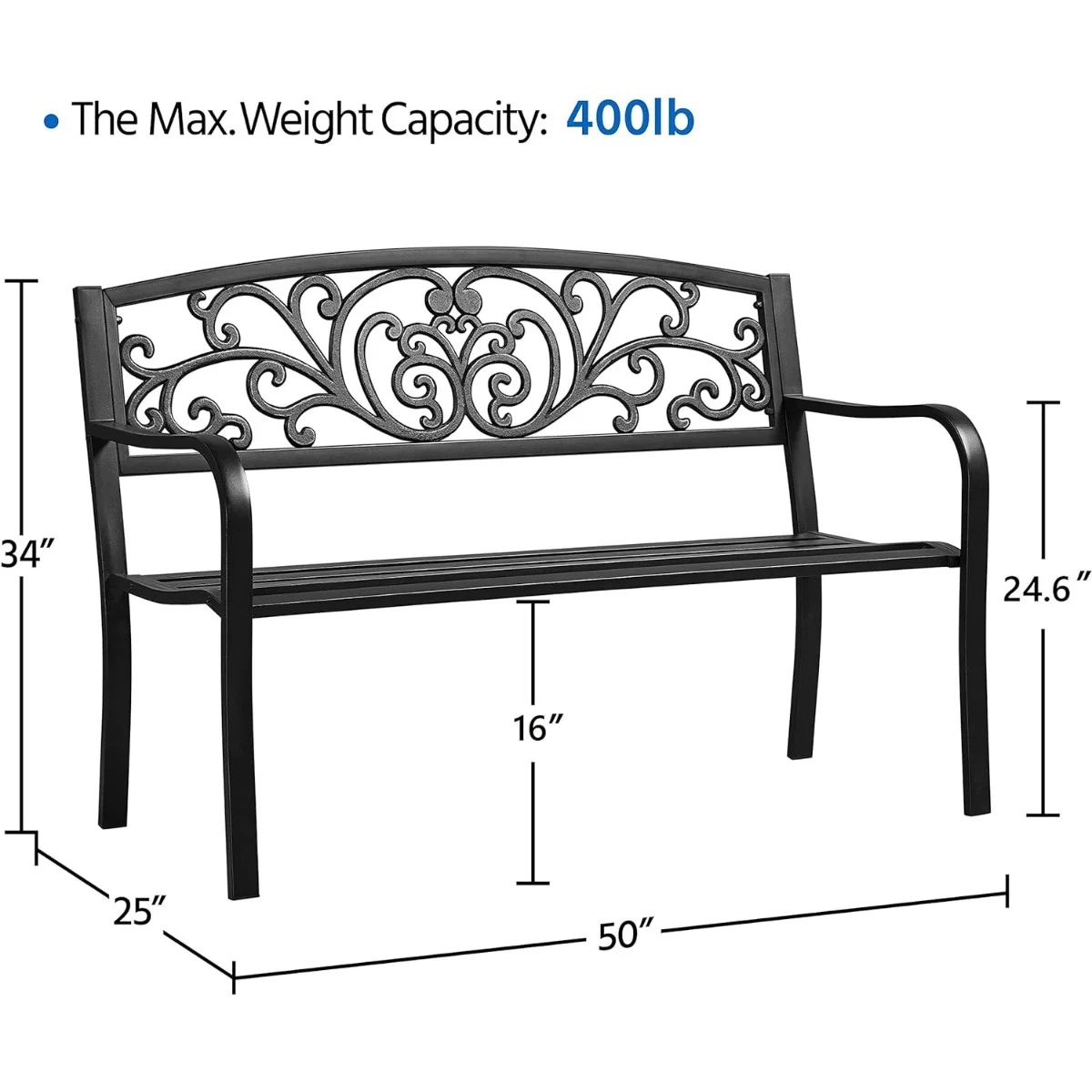 Garden Outdoor Bench Patio Bench for Outdoor, Park, Yard, Entryway, Iron Metal Frame Furniture, Patio Porch Clearance, Black