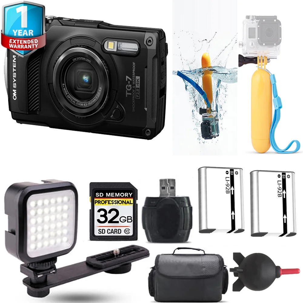 Olympus OM SYSTEM Tough TG-7 Digital Camera (Black) + Floating Hand Grip + Extra Battery + LED +1 Yr Warranty