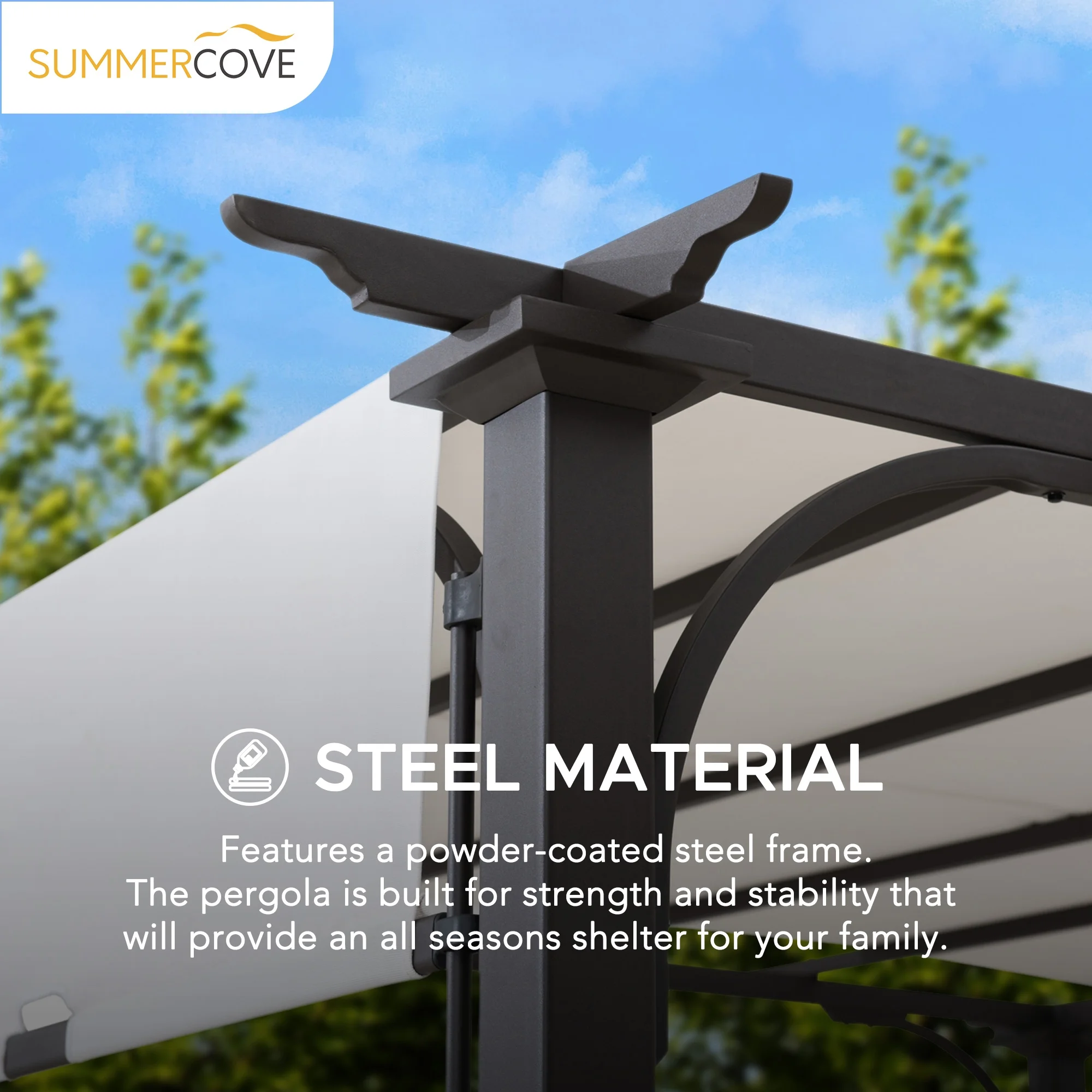 Sunjoy Diego 10x10 ft. Outdoor Patio Brown Steel Classic Frame Pergola with Retractable White Canopy Shade for Backyard, Garden Activities