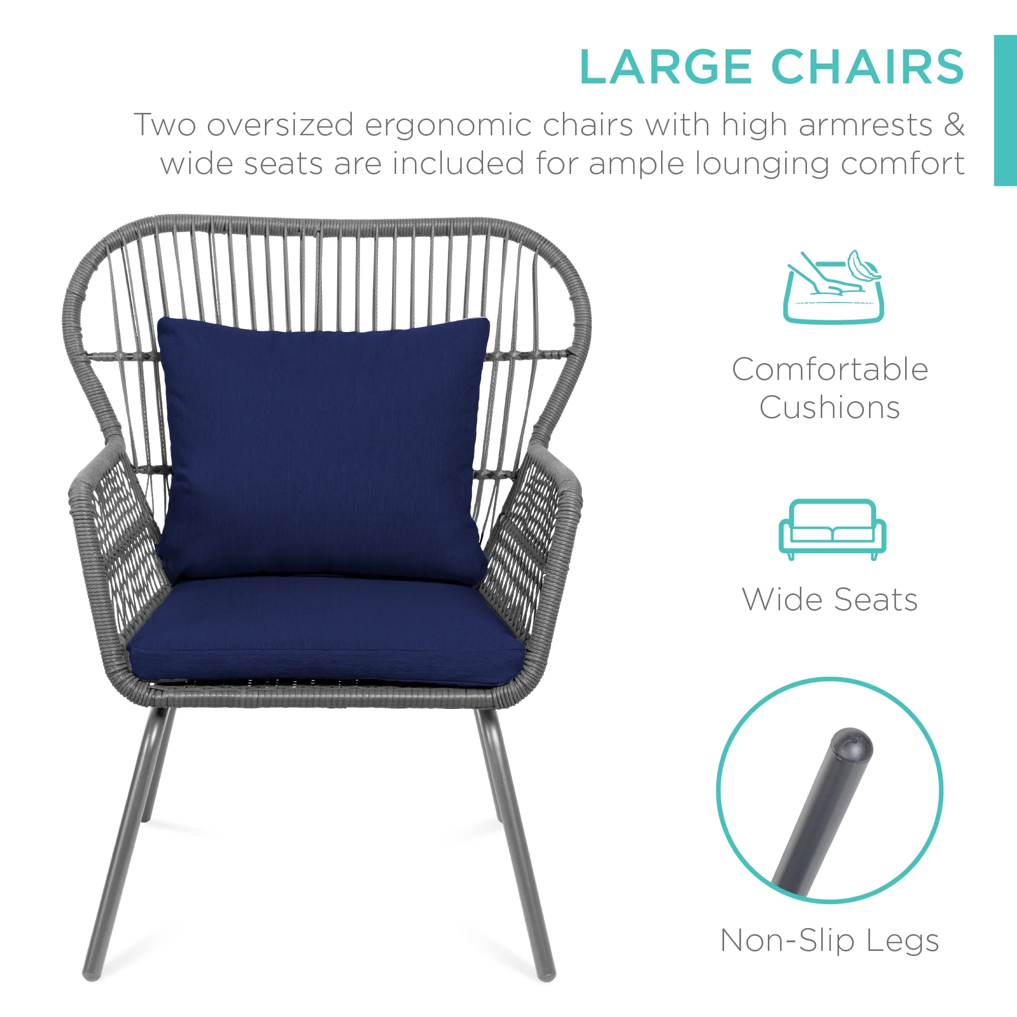 Best Choice Products 3-Piece Patio Conversation Bistro Set, Outdoor Wicker w/ 2 Chairs, Cushions, Side Table - Gray/Navy
