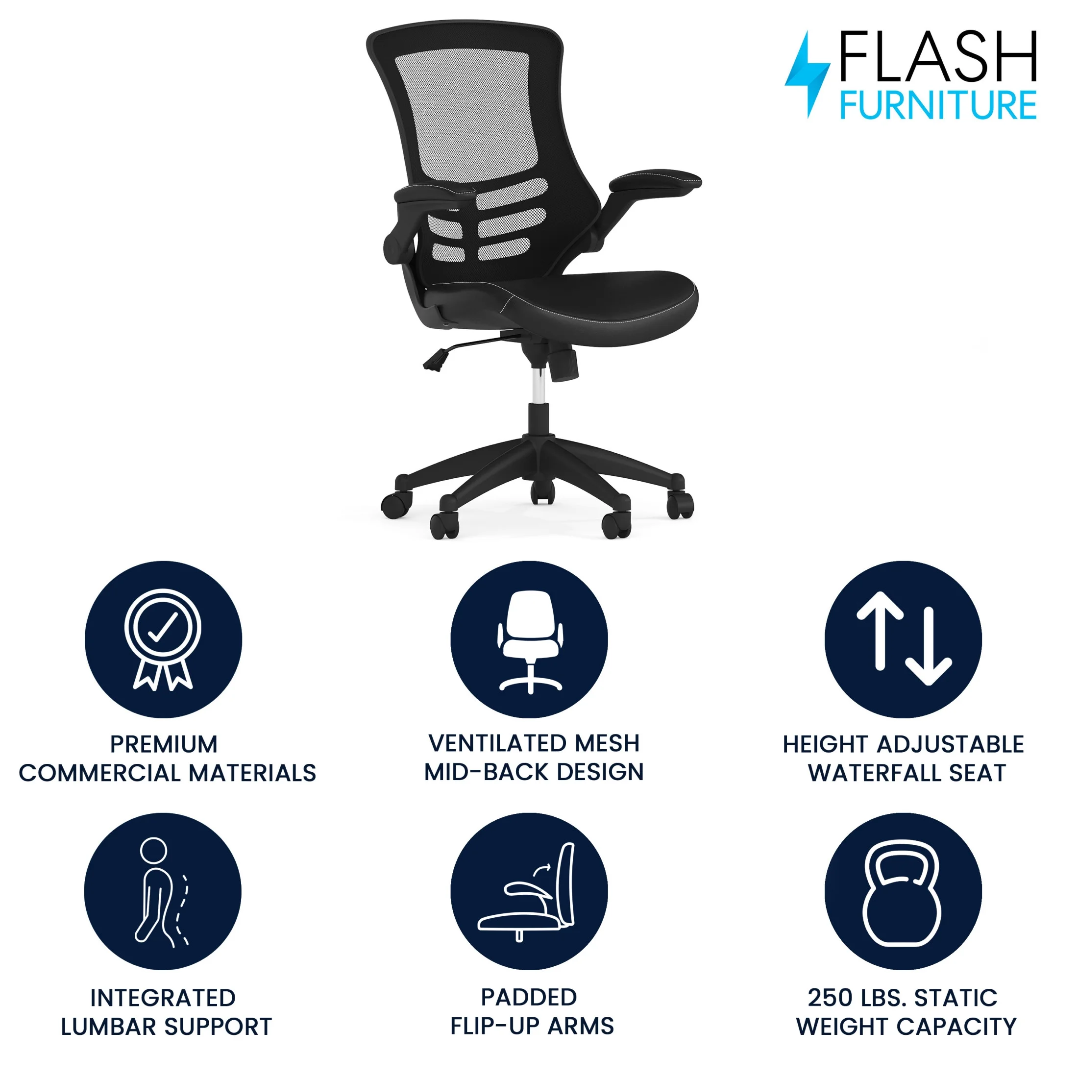 Flash Furniture Kelista Ergonomic Mesh Mid-Back Swivel Office Chair with LeatherSoft Seat, Black