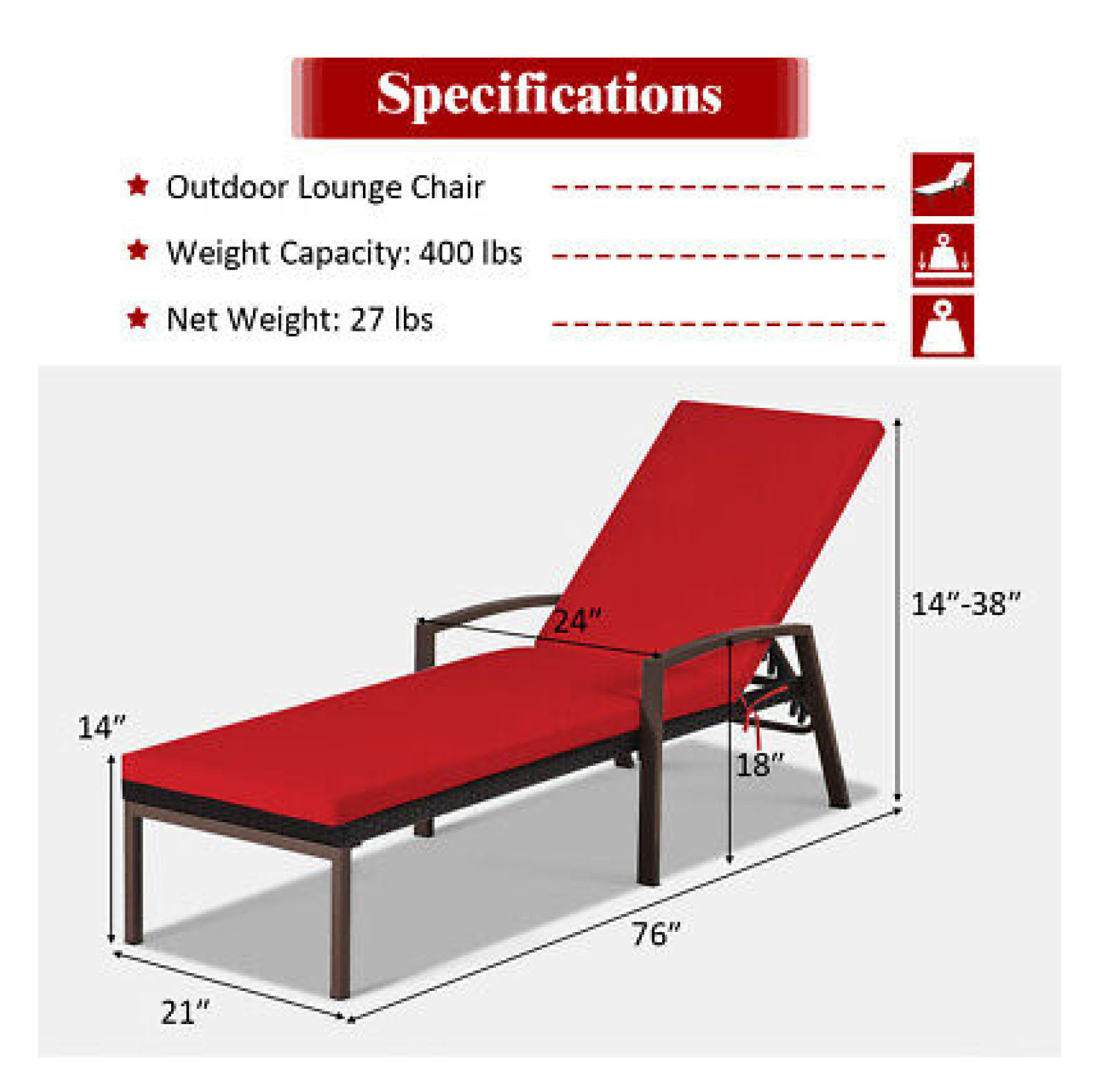 FENG20 Patio Rattan Lounge Chair Chaise Recliner Back Adjustable Cushioned Garden Red