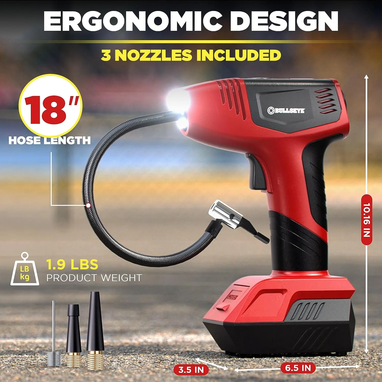 Bullseye Tire Inflator 150 PSI Electric Air Compressor Portable Air Pump For Car Bike LED Tire Pressure Gauge 12V DC Red