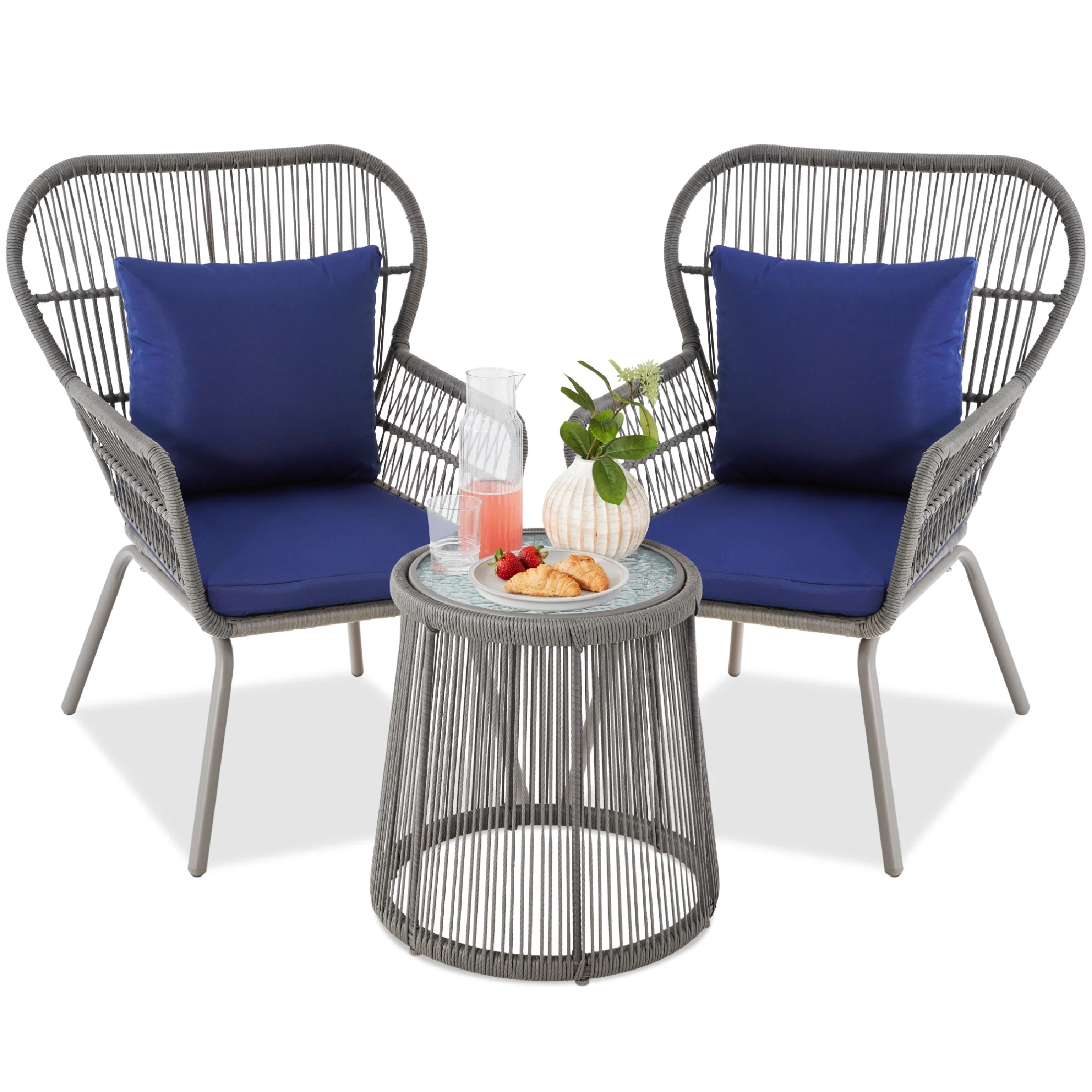 Best Choice Products 3-Piece Patio Conversation Bistro Set, Outdoor Wicker w/ 2 Chairs, Cushions, Side Table - Gray/Navy