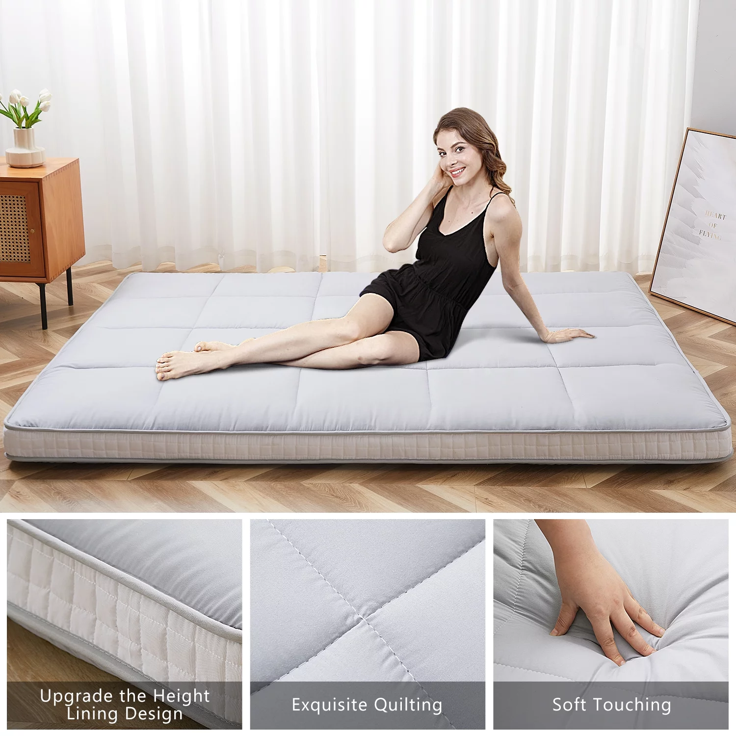 NAIZEA Japanese Floor Mattress, Extra Thick Memory Foam Futon Mattress, Foldable Roll Up Sleeping Pad with Bandage and Storage Bag, Full, Gray