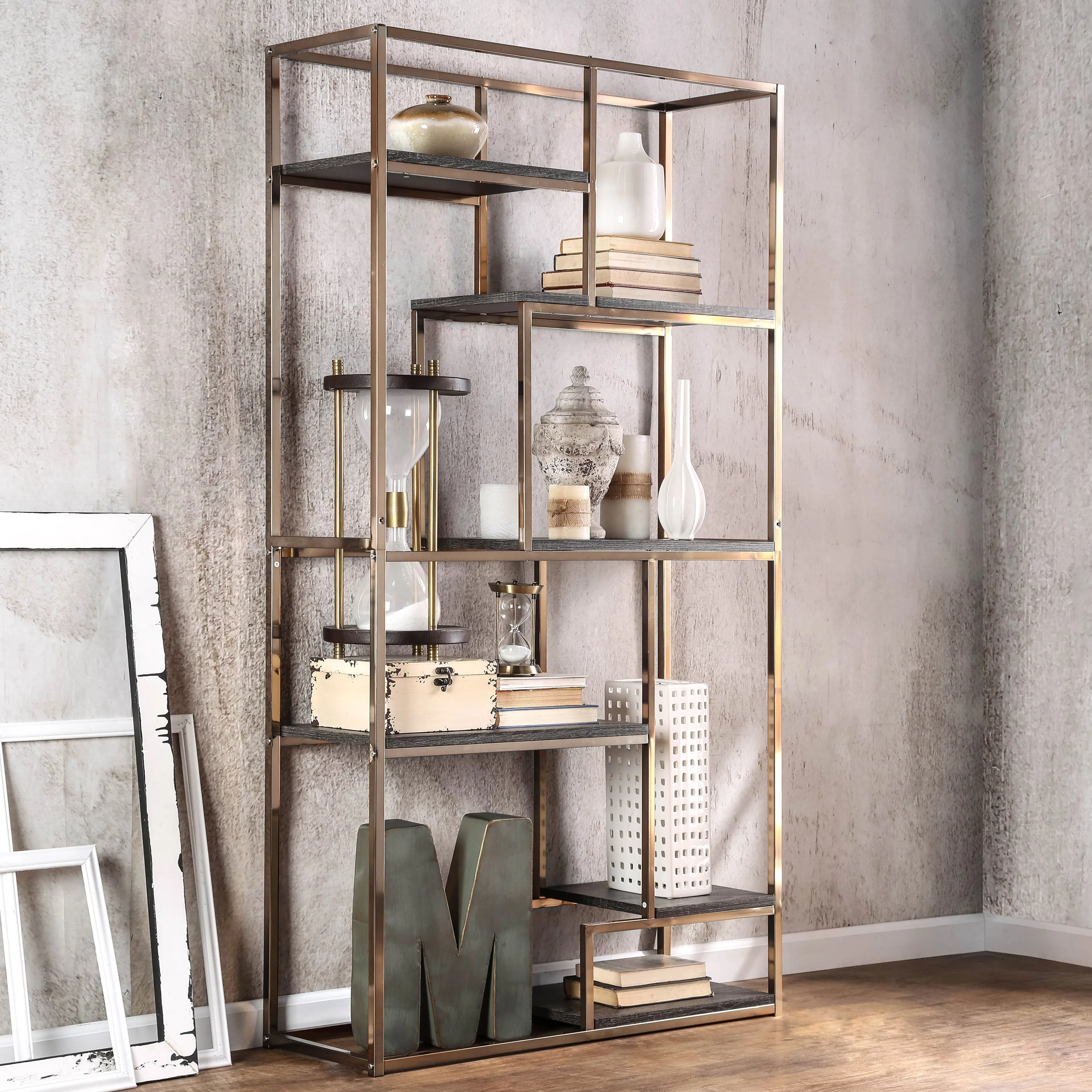 Silver Orchid Viby Contemporary 6-Shelf Metal Tiered Open Bookcase by Champagne Metallic Finish, Goldtone Finish