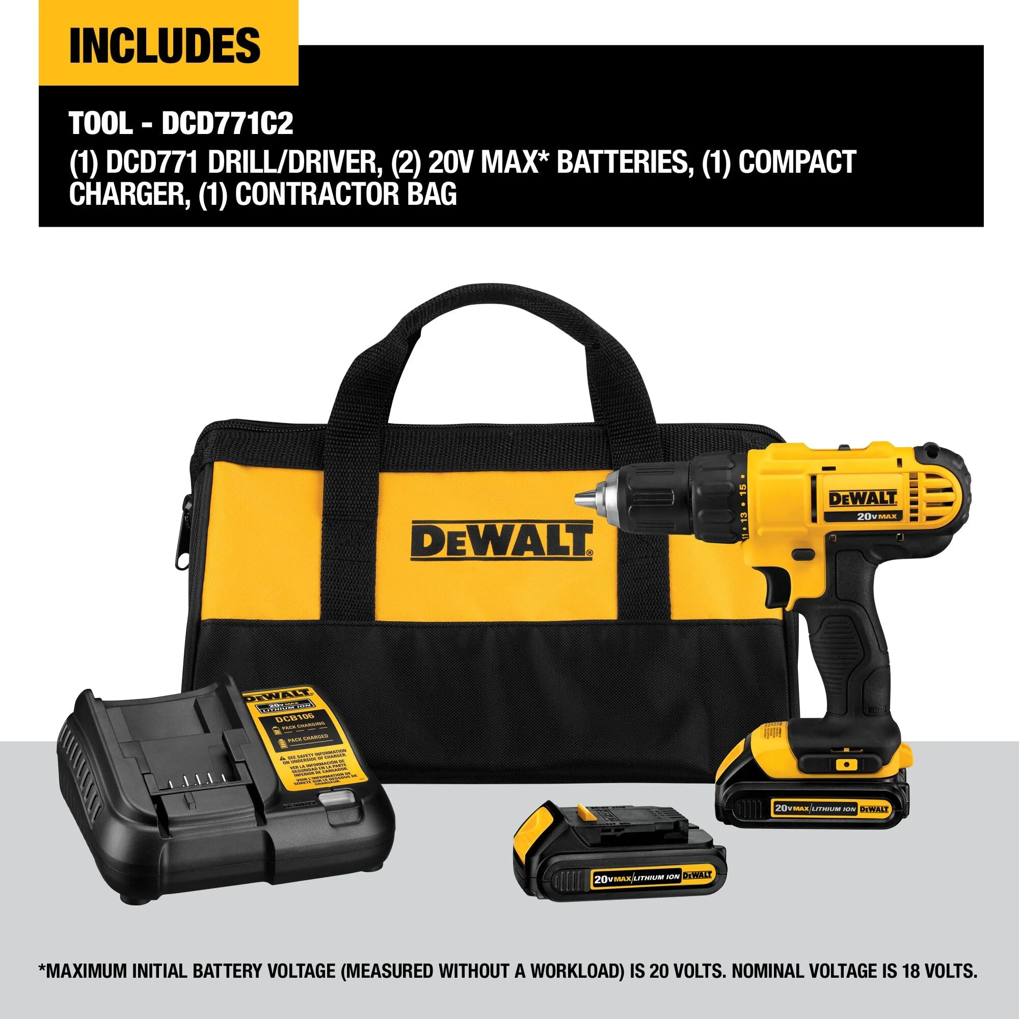DEWALT 20V Max Cordless Drill/Driver Kit, Includes 2 Batteries and Charger (DCD771C2) C27