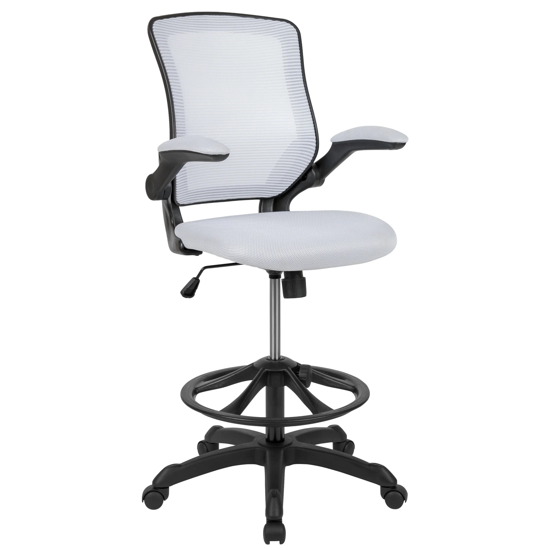 Flash Furniture Kale Mid-Back White Mesh Ergonomic Drafting Chair with Adjustable Foot Ring and Flip-Up Arms
