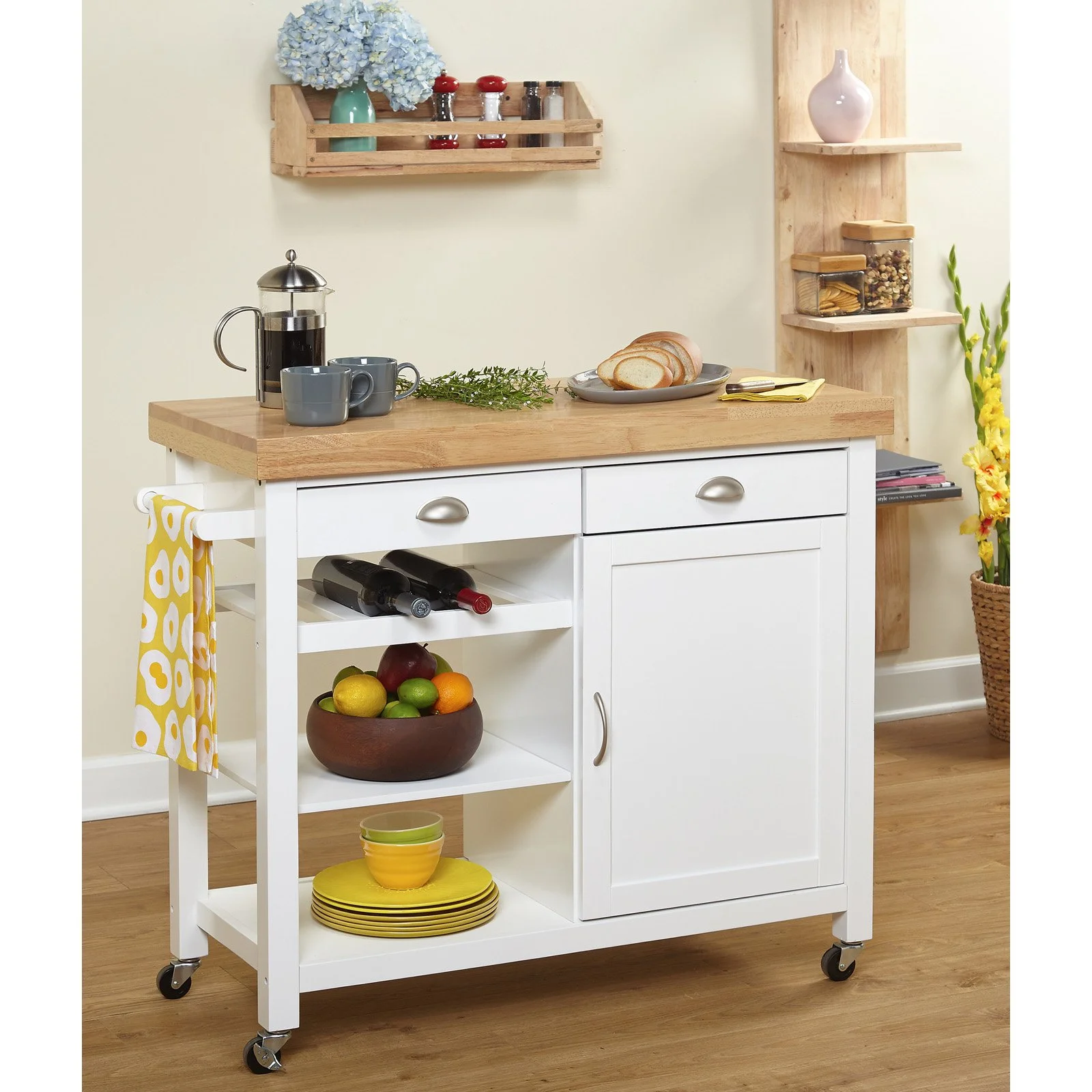 TMS Martha Butcher Block Rolling Kitchen Island with Cabinet, Drawers, Shelves, and Towel Rack, White
