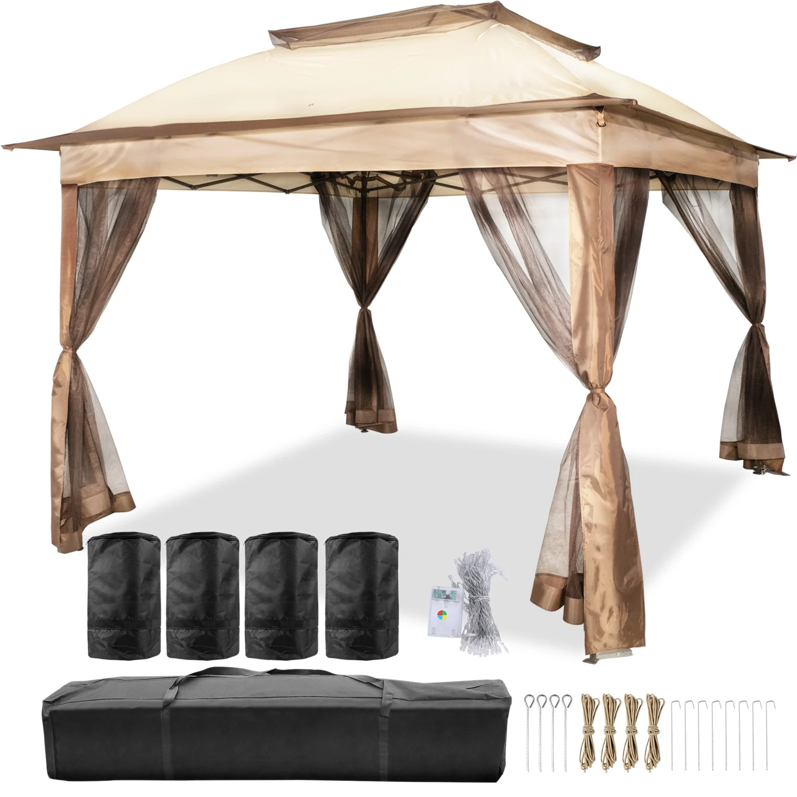 VEVORbrand Outdoor Canopy Gazebo 11x11ft with Four Sandbags - Pop Up Gazebo with Netting - Patio Gazebo Brown for Backyard, Outdoor, Patio and Lawn