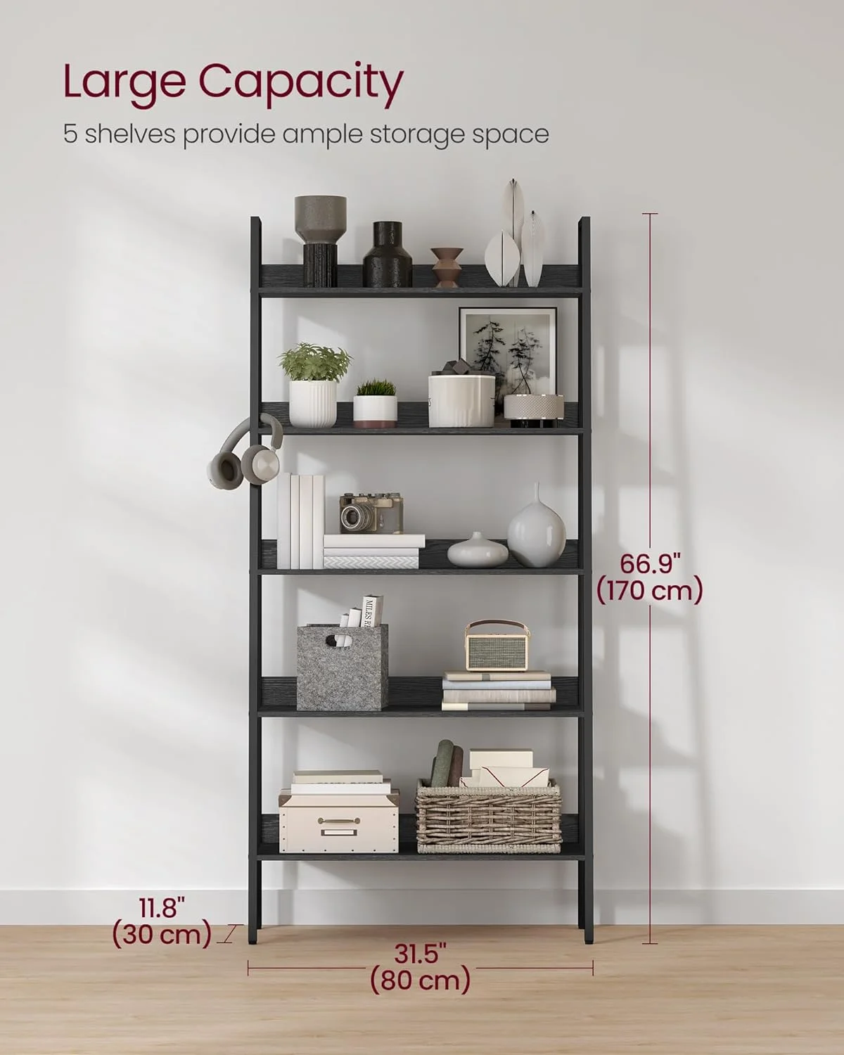 5-Tier Ladder Bookshelf: Ebony Black and Ink Black, Home Office, Living Room, Bedroom