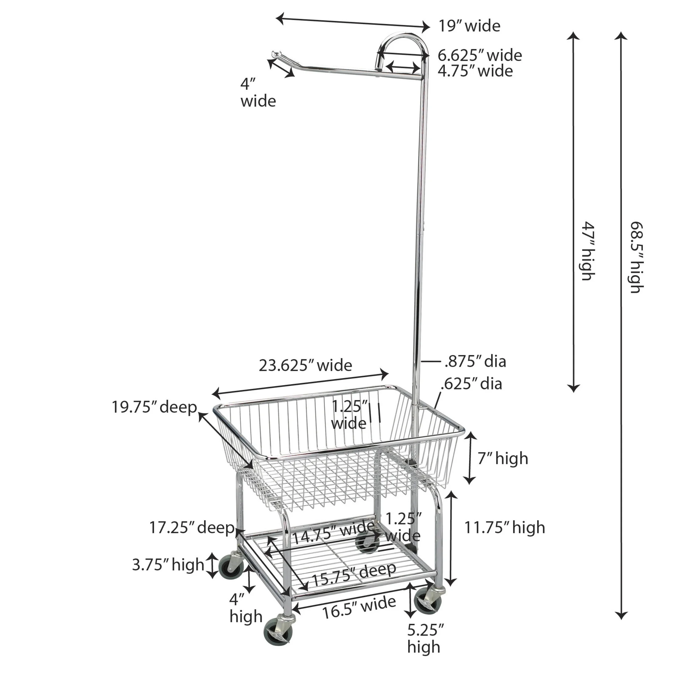 Household Essentials Rolling Laundry Cart with Basket, Hanging Bar, Shelf, and Wheel Locks
