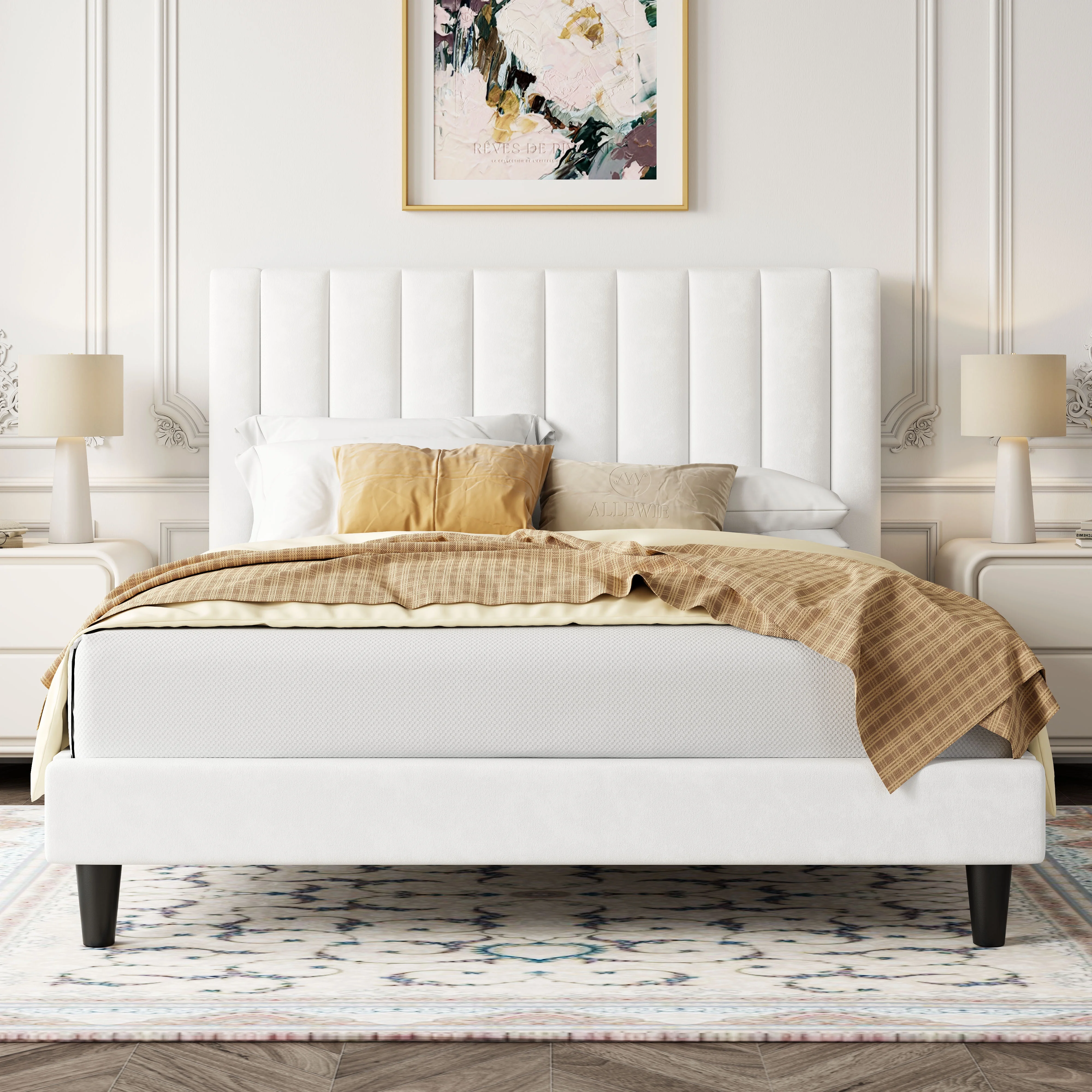Allewie Queen Size Velvet Upholstered Bed Frame with Vertical Channel Tufted Headboard, White