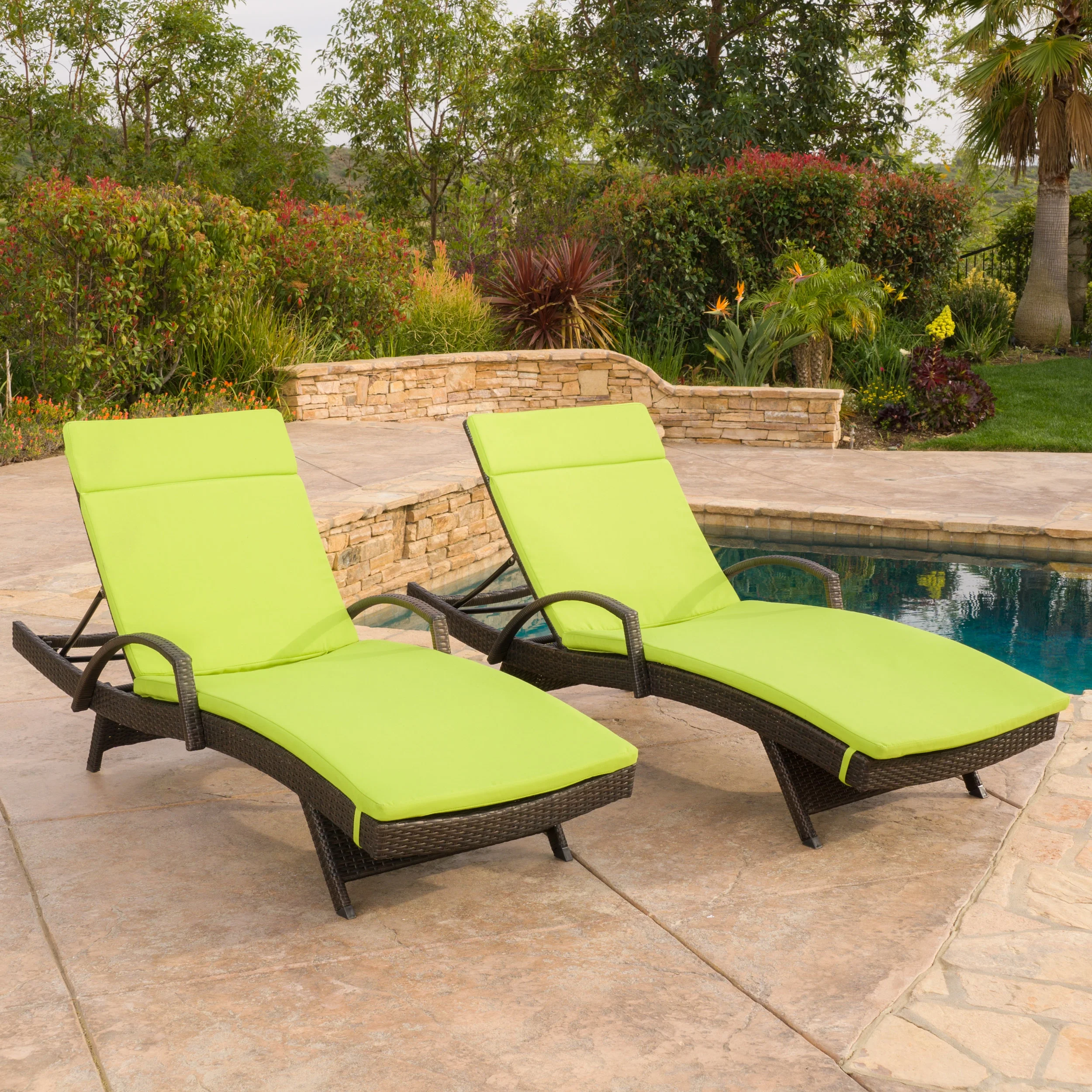 GDF Studio Olivia Outdoor Wicker Adjustable Chaise Lounges with Cushion, Set of 2, Multibrown and Green