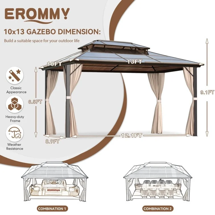 Erommy Outdoor Permanent Hardtop Gazebo Pergola with Prime Netting and Curtains 10*13