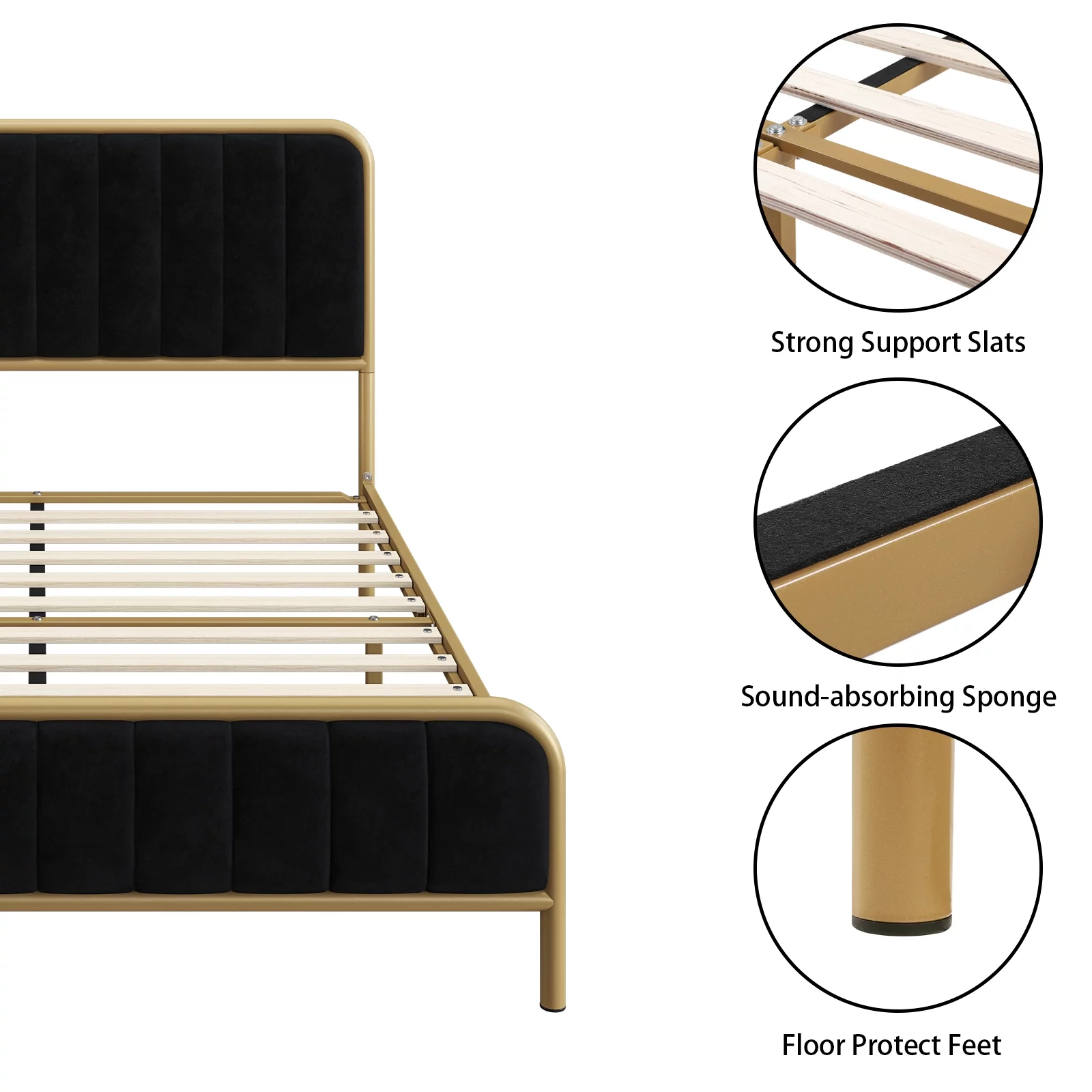 Homfa Queen Size Bed Frame, Round Metal Tube Heavy Duty Bed Frame with Tufted Upholstered Headboard, Gold and Black