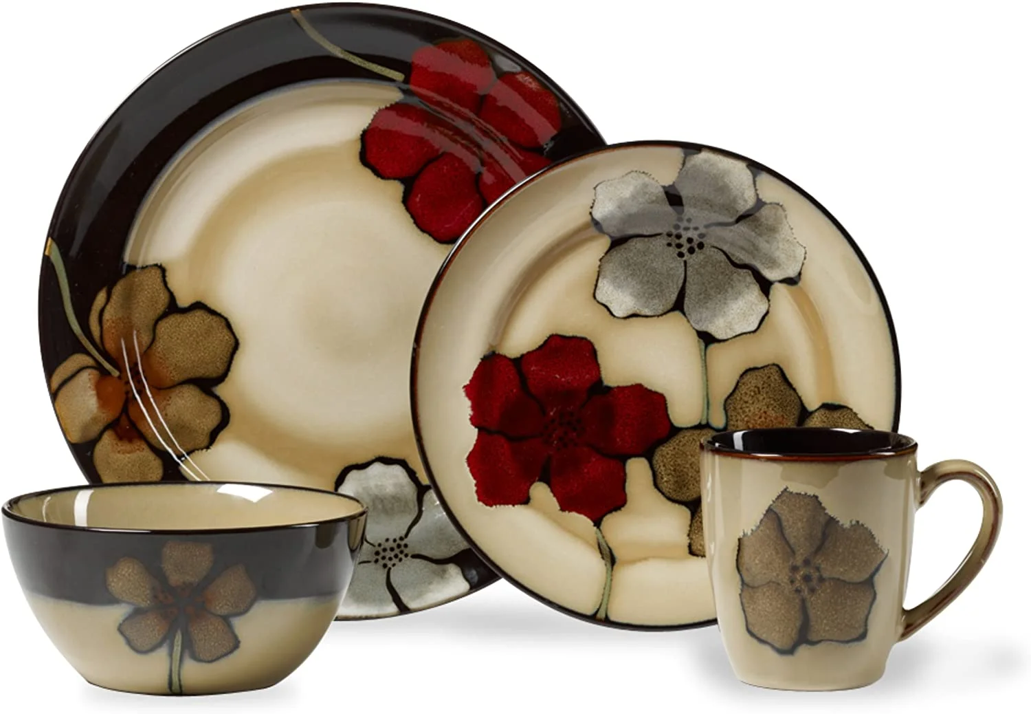 Elegant Floral Design Tan & Assorted 16-Piece Set Stoneware Dinnerware Set - Pfaltzgraff Painted Poppies