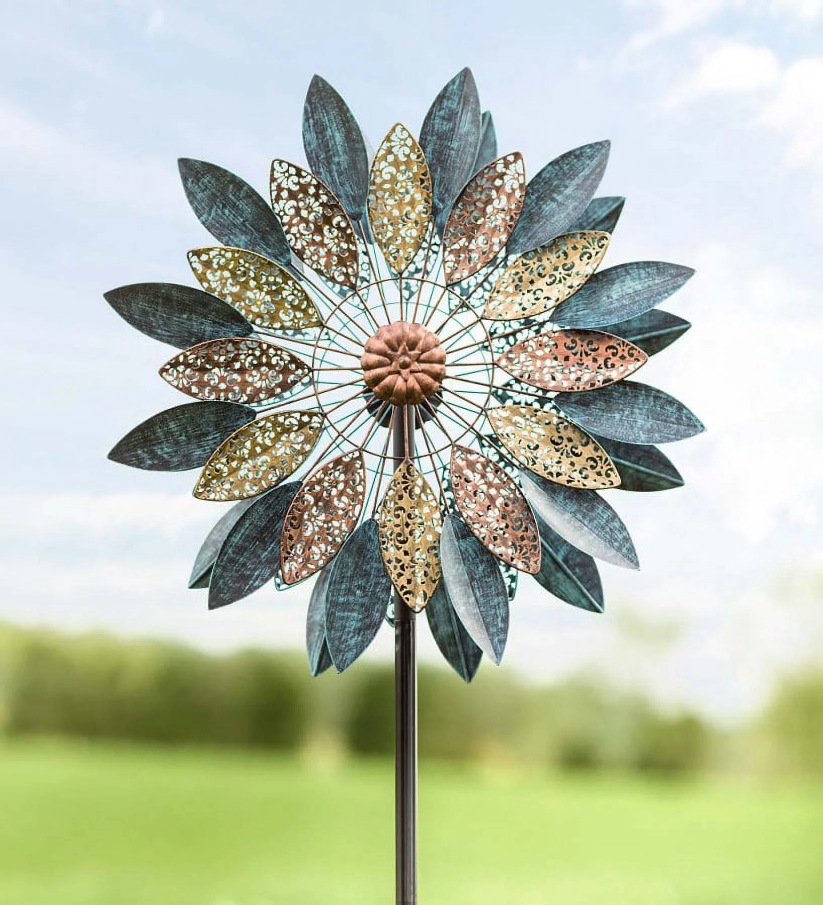 Wind & Weather Metal Wind Spinner with Patina-Like Blue, Golden and Bronze-Colored Leaves with Intricate Filigree Cutouts