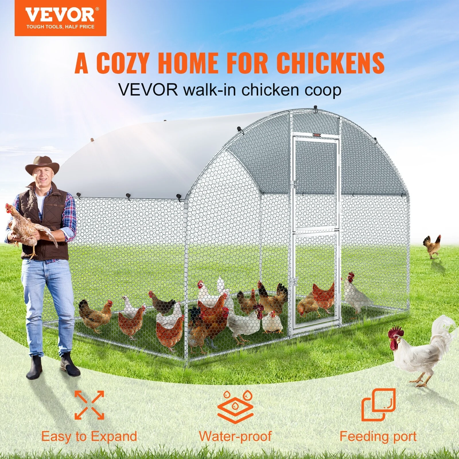 VEVOR Large Metal Chicken Coop with Run Walkin Chicken Coop for Yard with Waterproof Cover 6.6 x 9.8 x 6.6 ft - Dome Roof