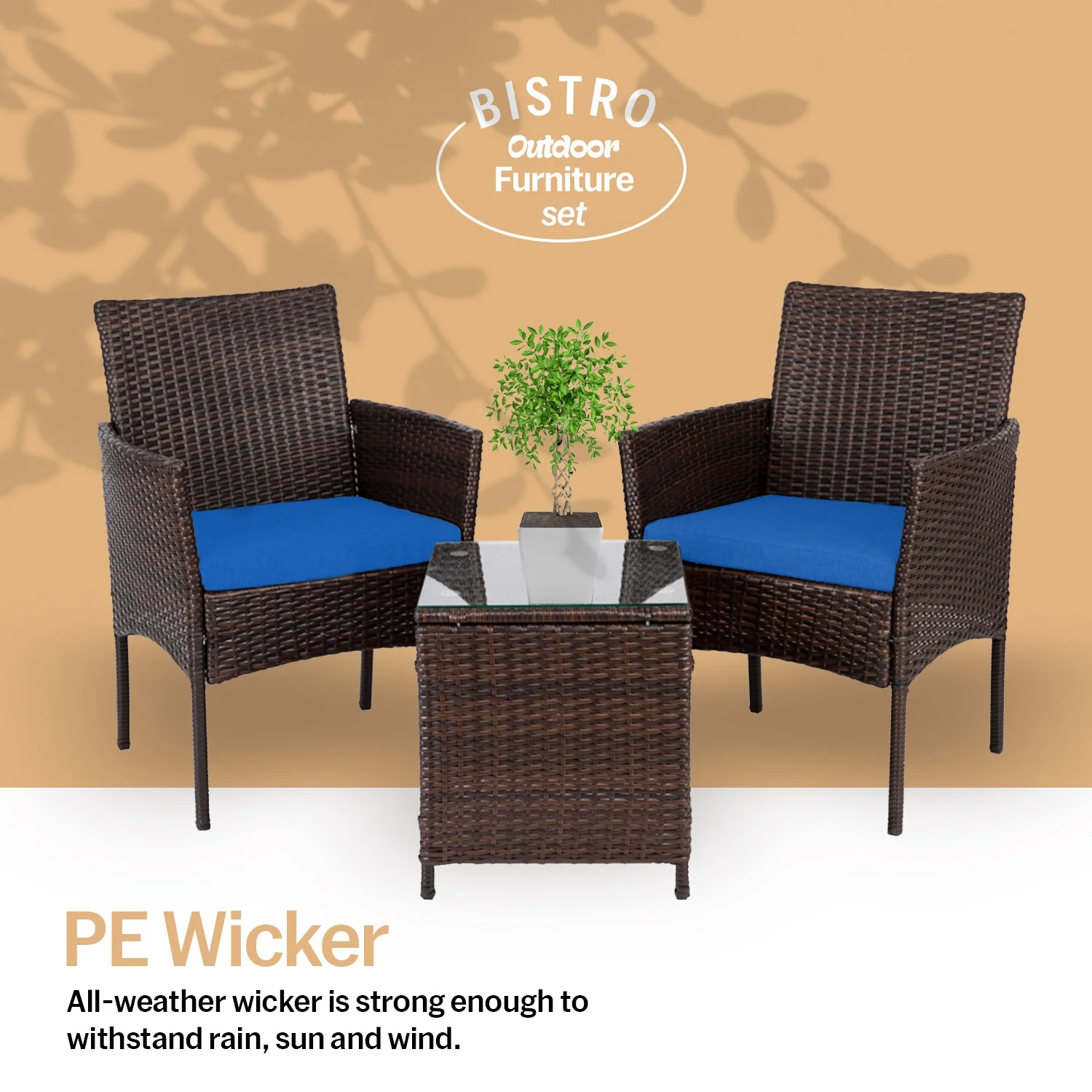 Sophron 3 Piece Elegant Design Rattan Furniture Set - 2 Durable Chairs With a Tea Table - Dark Blue